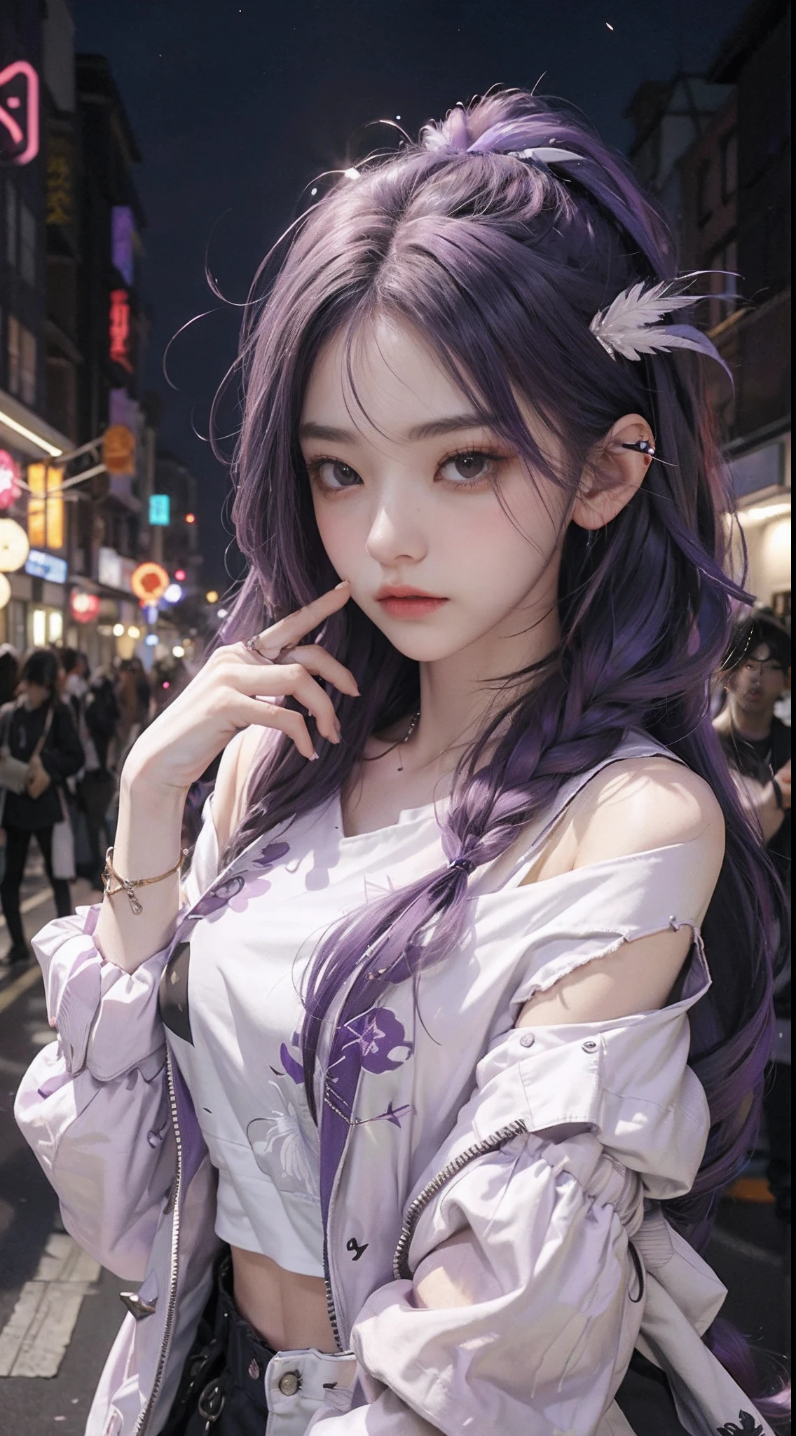 1girll，hoody，Purple hair，Extra-long hair，cropped shoulders，feathers hair ornament，headphones around their necks，城市，the night，exteriors