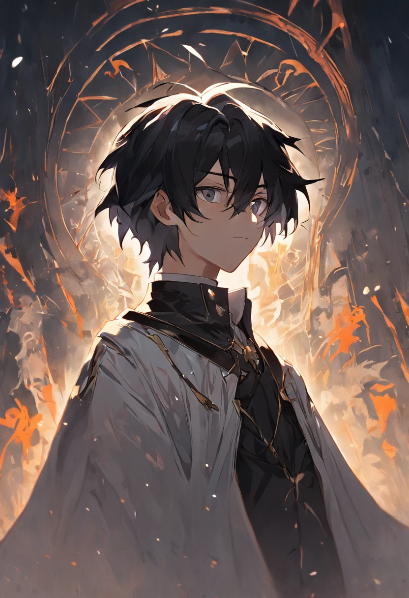 Boy with black hair and white hair,The hair hangs almost down to the neck,Wearing a half-dead mask,Stand at the intersection of light and darkness:HD graphics,holy paladin,Holy Grail War,tarot。