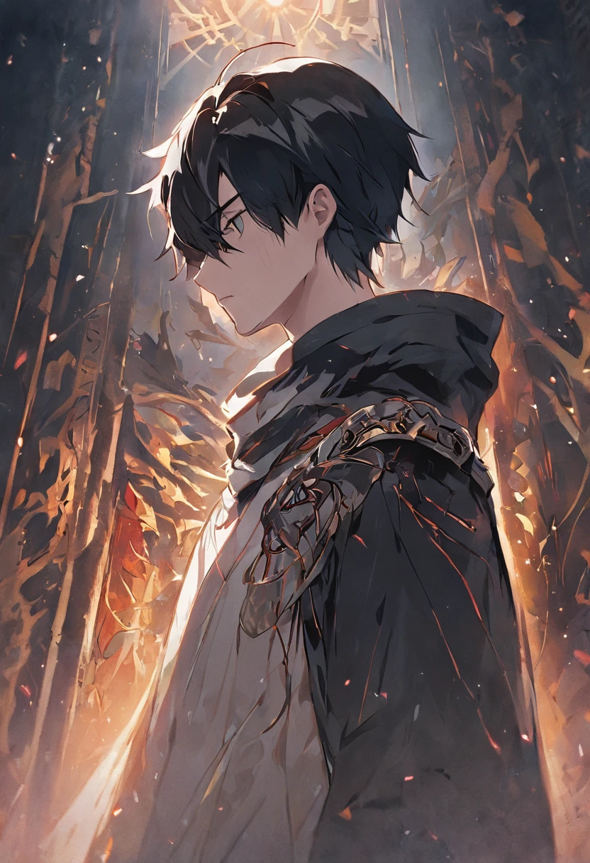 Boy with black hair and white hair,The hair hangs almost down to the neck,Wearing a half-dead mask,Stand at the intersection of light and darkness:HD graphics,holy paladin,Holy Grail War,tarot。