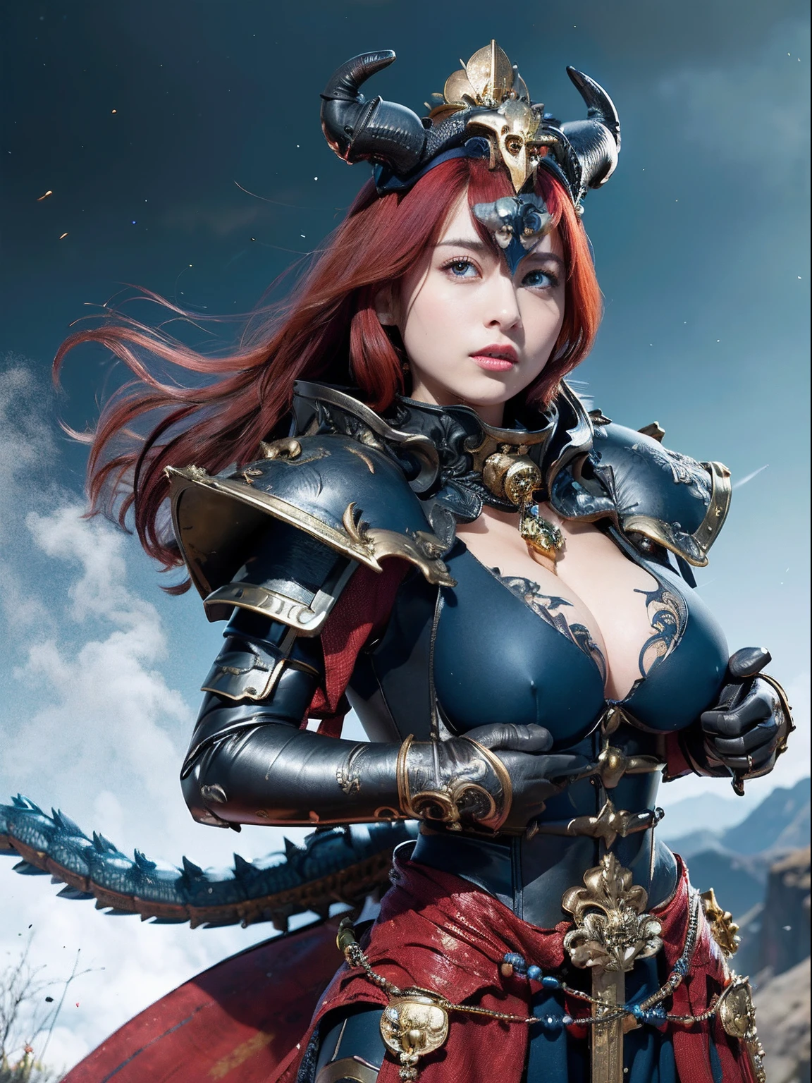 (masutepiece), Professional , ​masterpiece、top-quality、photos realistic , depth of fields 、（Dragon Black Metal Body:1.９),(Matte Blue Black、（cleavage of the breast）、Dragon Gold Weapon（Dragon Metal Body:1.４),Gorgeous gold weapons ,（（ Dragon's dense and gorgeous sword）） , （demonic wings）   ,warhammer 40k , adepta sororitas,Detail and gorgeous crown、（（Red hair））、（Castle background）、（（Gangle's forest background））、Beautiful Caucasian beauty、１a person、dynamic ungle,(((Detailed and ornate dragon helmet)))、Smaller head、A smile、Castle background、Thin and beautiful female hands、cleavage of the breast、Soldier in iron armor on background、Mystical expression、Light Effects、intense fighting、Wind-effect、magic circles、With the legendary magic wand、Dragon's tail、