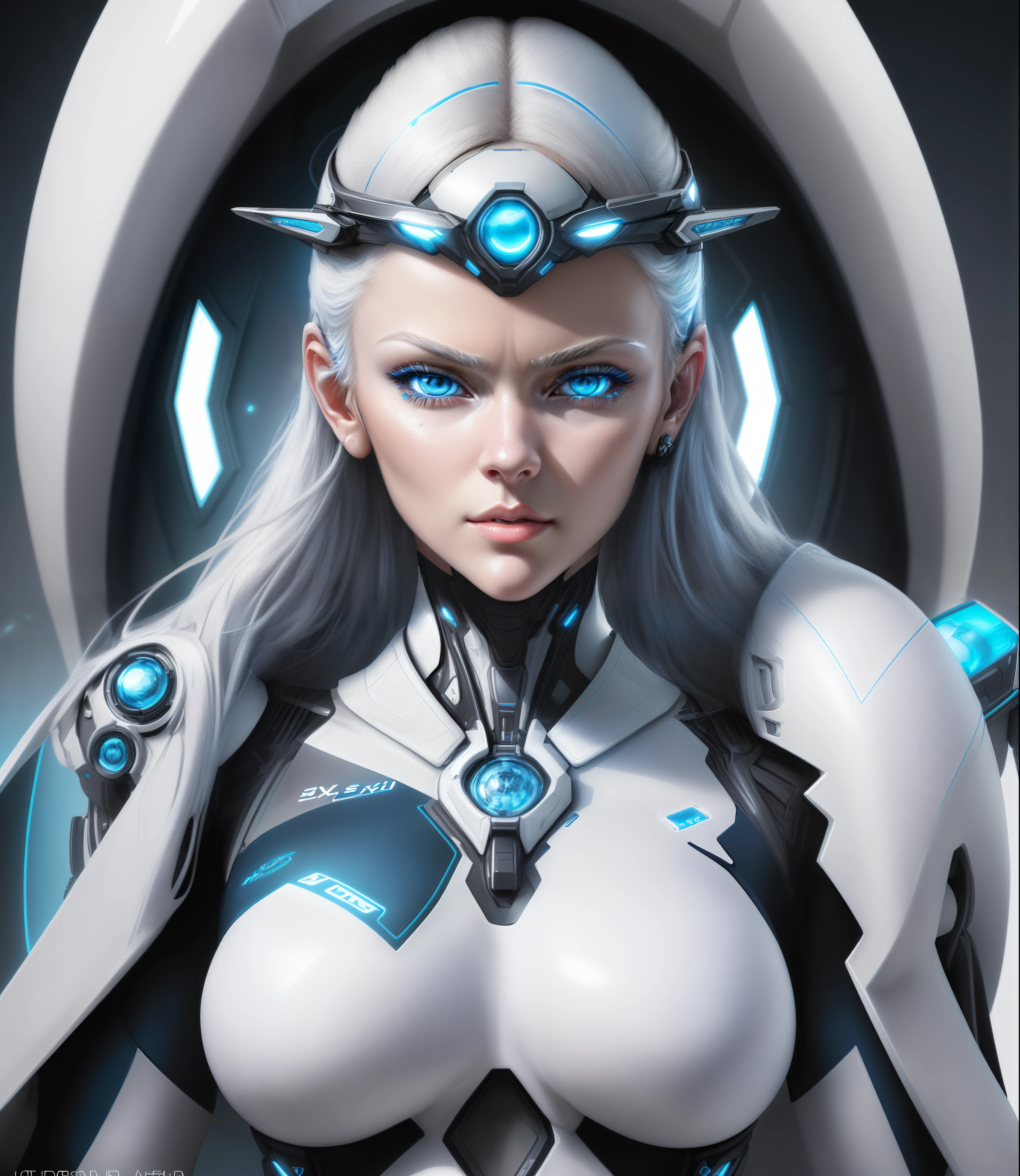 SDXL 1.5, full ultra HD, Digital art style, ultra high resolution, ultra sharp, portrait of a futuristic, sci-fi, beautiful white,blue eyes, woman in cyborg bikini,futuristic fation show