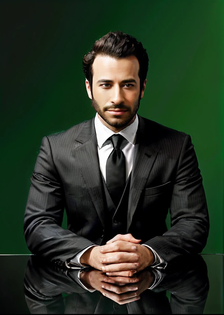 arafed man in black suit and tie sitting at a table, photo of a man, sitting at desk, green colour background