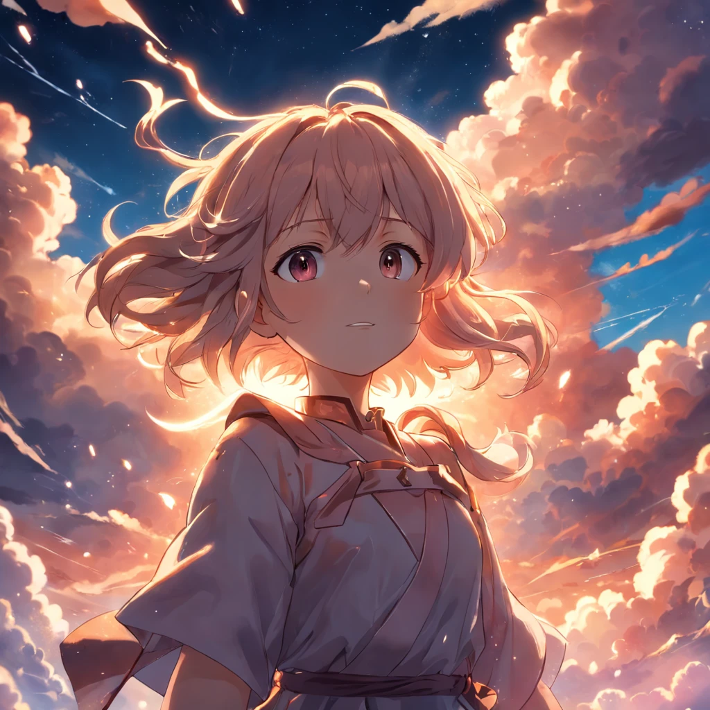 masterpiece, best quality, movie still, 1girl, cloud girl, floating in the sky, close-up, bright, happy, warm soft lighting, sunset, (sparks:0.7)
