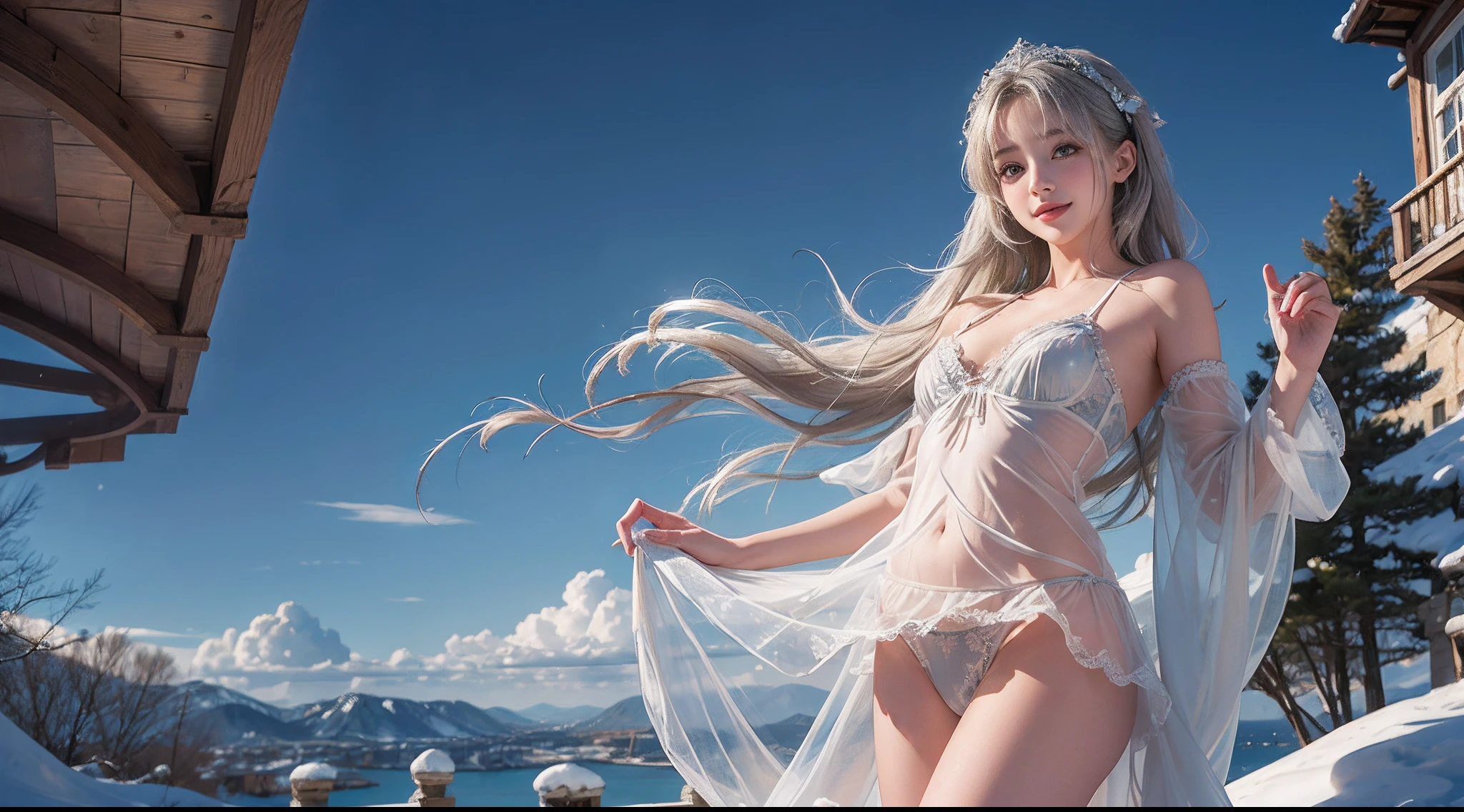 8K, best qualtiy, masterpiece, photograph realistic, Hide your face with happiness, medium breasts, silver ta costume, silver Lace, Aerith Gainsborough, whole body, undergarments, exposed bare shoulders, do lado de fora, outside, Covered with snow, cloaks, high high quality, Adobe Lightroom, skin with high detail, look at the viewer, exhibitionist, pervert, show panties, lowered panties, horny exhibicionist girl, transparent underwear, excited smile, transparent panties, visible genitals through the transparent panties, dominant girl, seduce