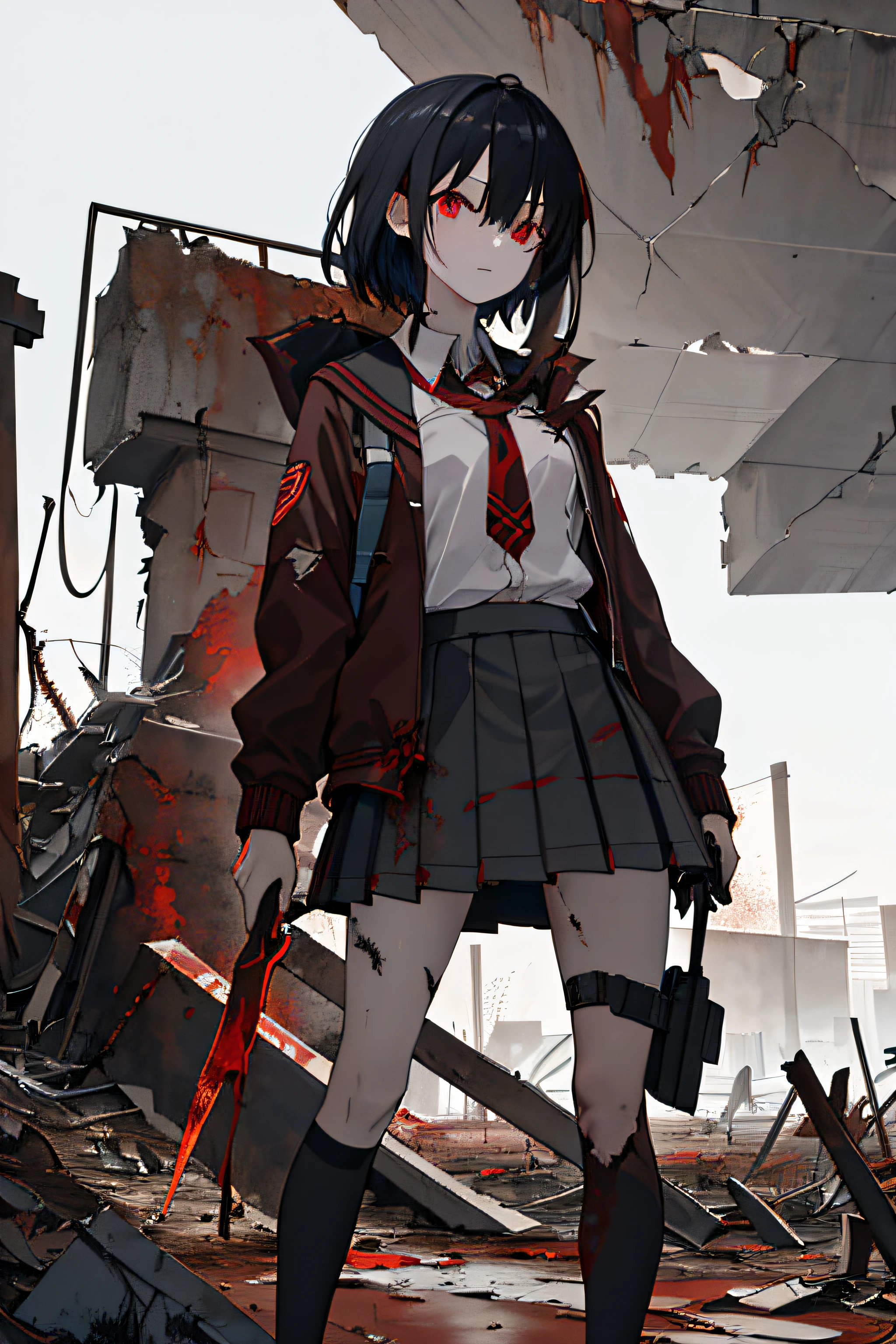 A high school girl drawn in high resolution、Standing in the devastated landscape of a post-apocalyptic world。Her figure is represented by a dark gray and rusty red color palette.、There is a white background behind。By the style of dark fantasy、The contrasting elements of the devastated environment and the schoolgirl stand out。Broken concrete texture colors the surrounding scenery、Rusted metal and desolate land textures can also be seen。The form of the schoolgirl is drawn with sharp contrasting lines and broken outlines、Sharp angles symbolize her strength and hope。Her expression has the strength and hope to overcome difficulties.、The sight impresses。