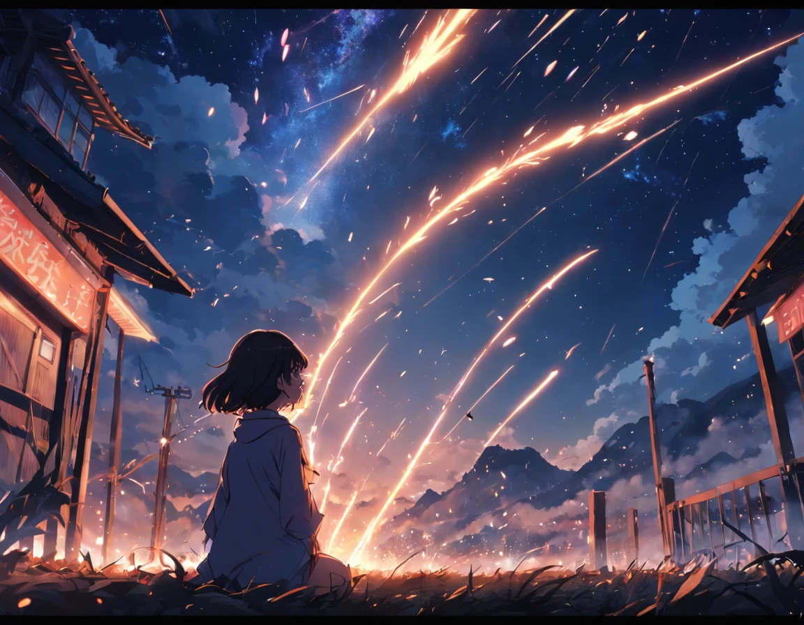 tmasterpiece, beste-Qualit, filmstill, warm soft lighting, the night, (sparks: 0,7), shooting star, motion, NOhumans, No girlfriend, scenery, Japan, NOhumans, Landscape only, end of the world