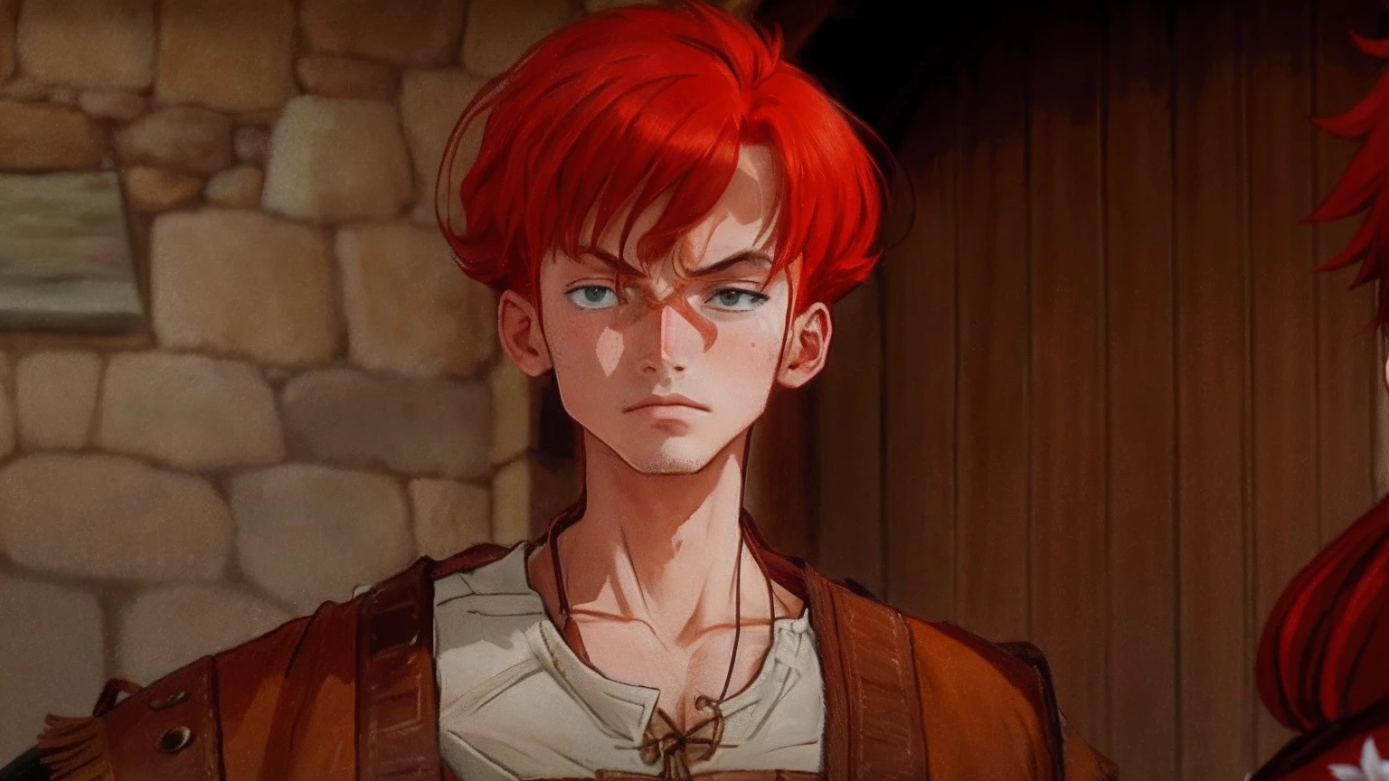 An irritated redhead guy dressed in rustic attire from the medieval era, sporting a noticeable scar and a stylish hair fringe.