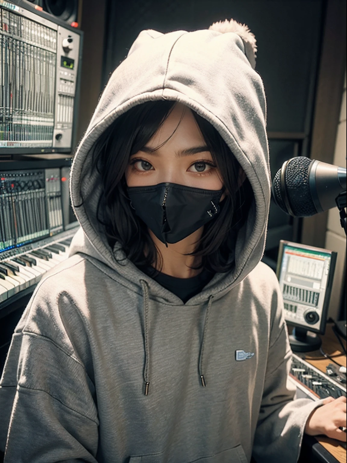 Men wear hats and hoods,mouth mask,The upper body of the recording studio