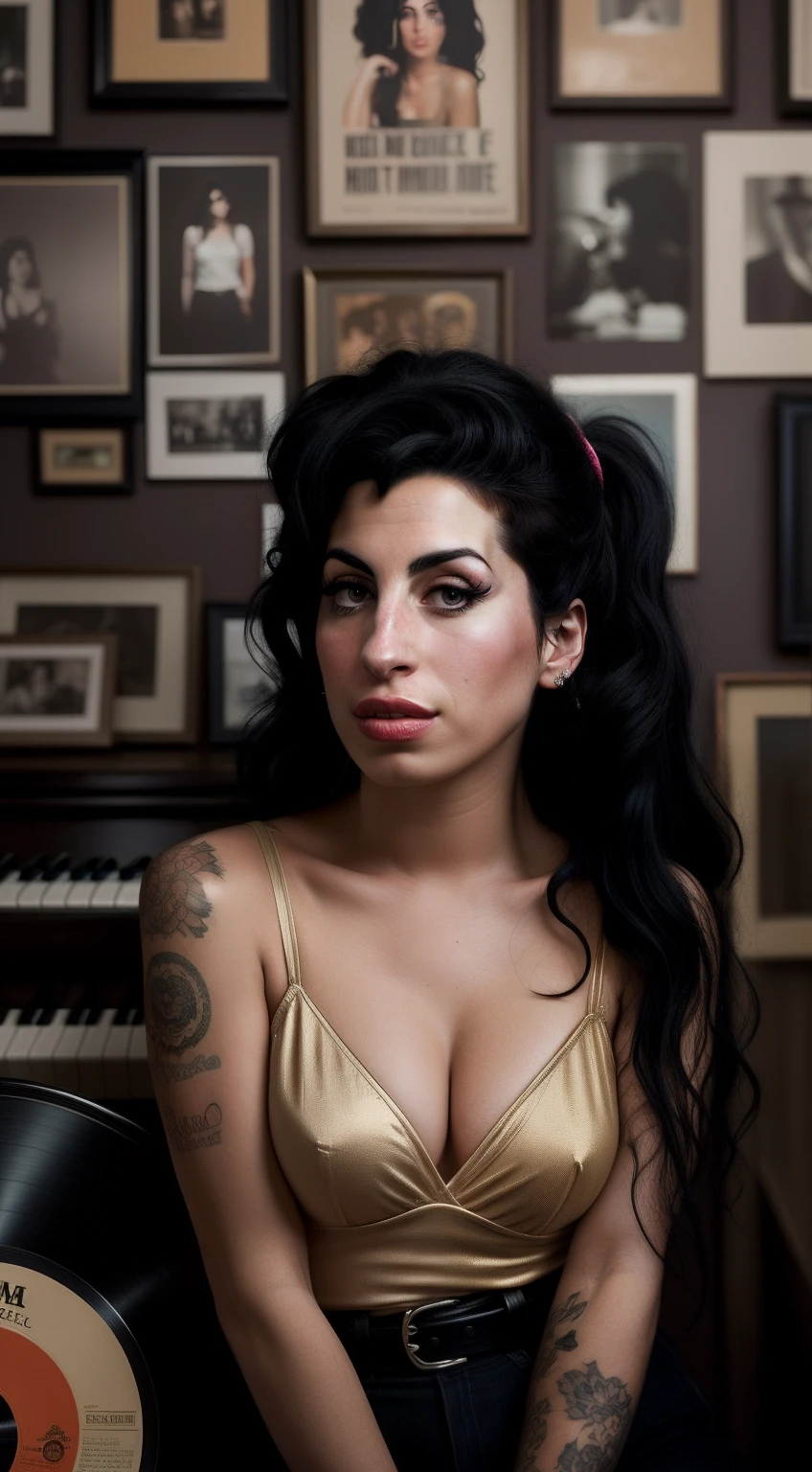 The essence of Amy Winehouse captured through an impressive 50mm photographic lens. Inspirando-se em Annie Leibovitz, a imagem captura Amy em um momento sincero, cercado por discos vintage e um piano desgastado. Color temperature tilts to sepia tones, evocando nostalgia. Amy's expression conveys a mix of introspection and confidence. Natural lighting bathes the scene gently, Tons dourados, Exalando calor e autenticidade.