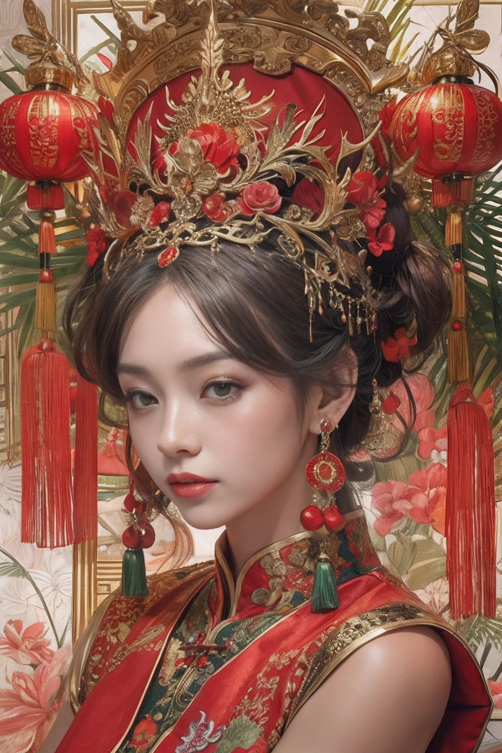A woman in a red Chinese dress sits by the dressing table,Exquisite phoenix crown,Red candles，Side Body，a chinese wedding，anatomy correct,（tmasterpiece，top Quority，best qualtiy，offcial art，Beauty and aesthetics：1.2），（1girll：1.3），The is very detailed，（s fractal art：1.1），Most detailed，(abstract backgrounds:1.3), (Shiny skin),(Earrings),