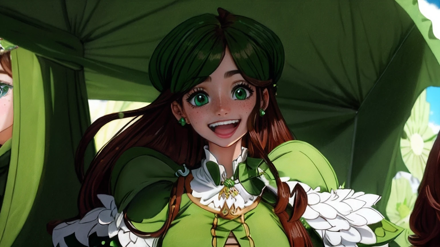 "A joyful princess with long brown hair, freckles, and green eyes, adorned in a stunning black and green dress."