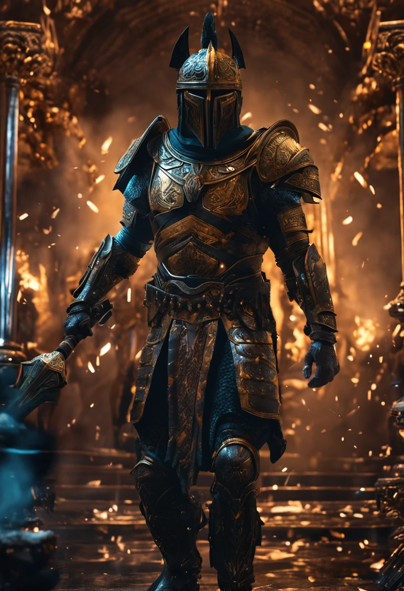 spartan warrior, fighting , stunning armor, black gold armor, epic, 8k