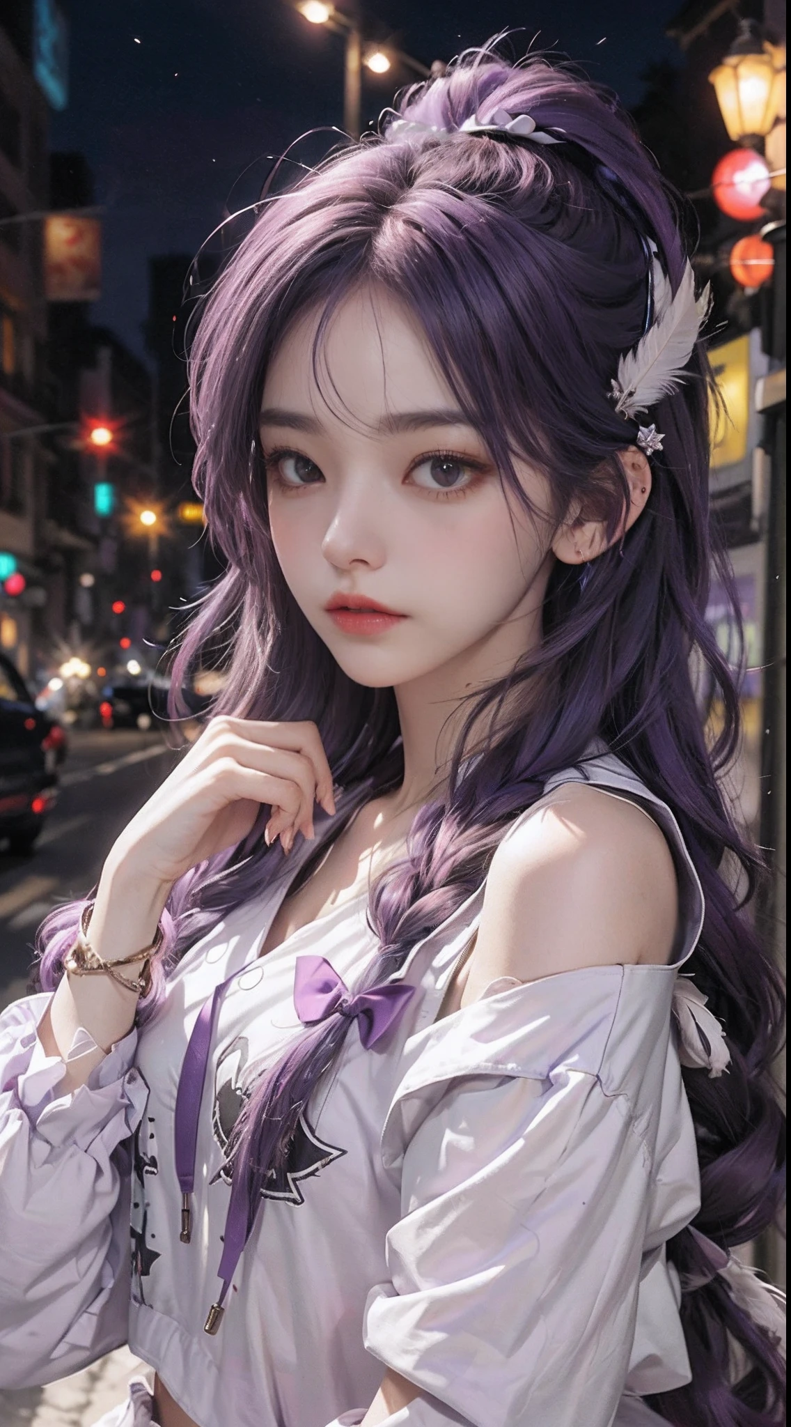 1girll，hoody，Purple hair，Extra-long hair，cropped shoulders，feathers hair ornament，headphones around their necks，城市，the night，exteriors
