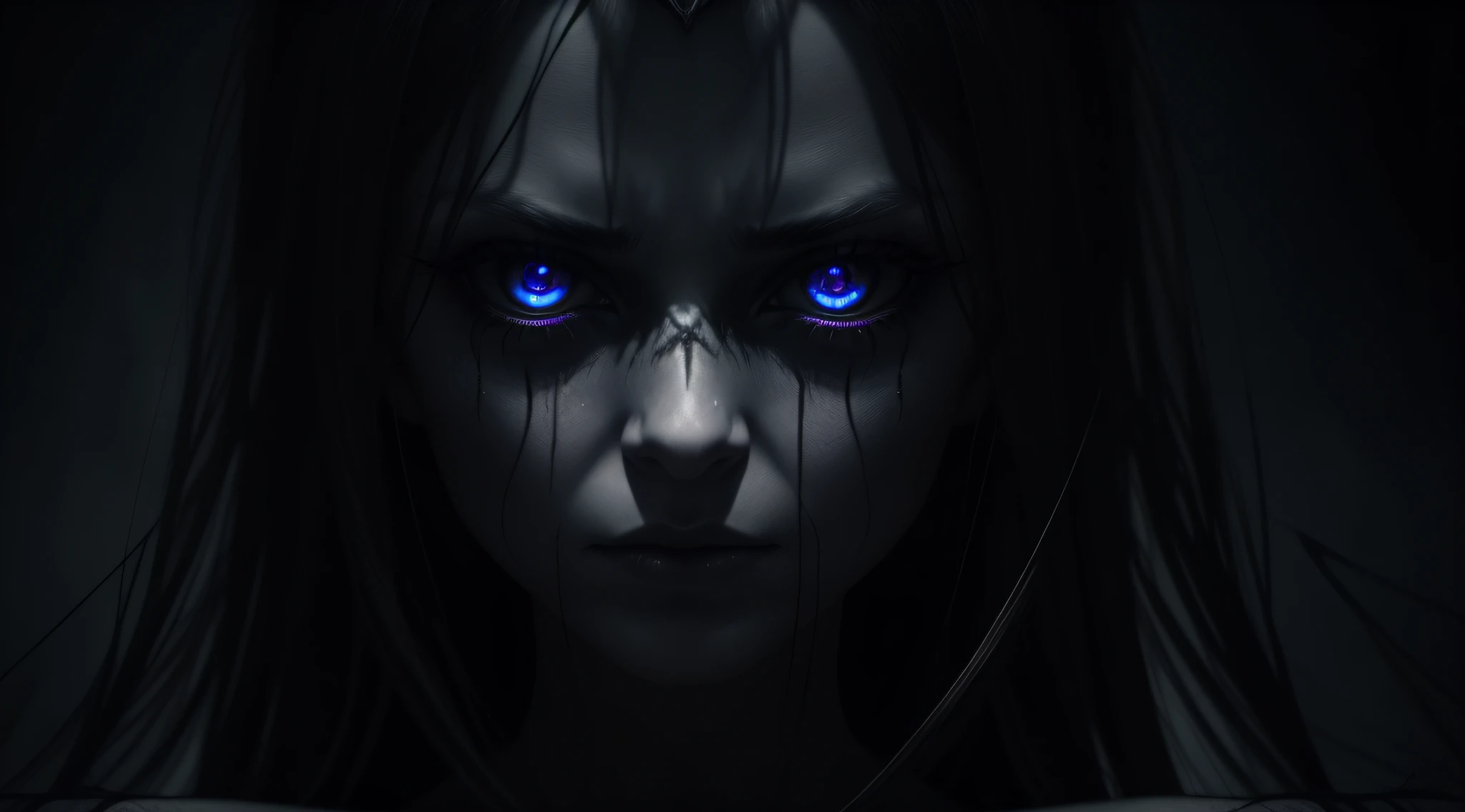 Create a haunting image of the possessed woman's eyes, reflecting the malevolent presence within, with shadows and tendrils swirling around her, hinting at the battle within her soul,4k ultra realisitic