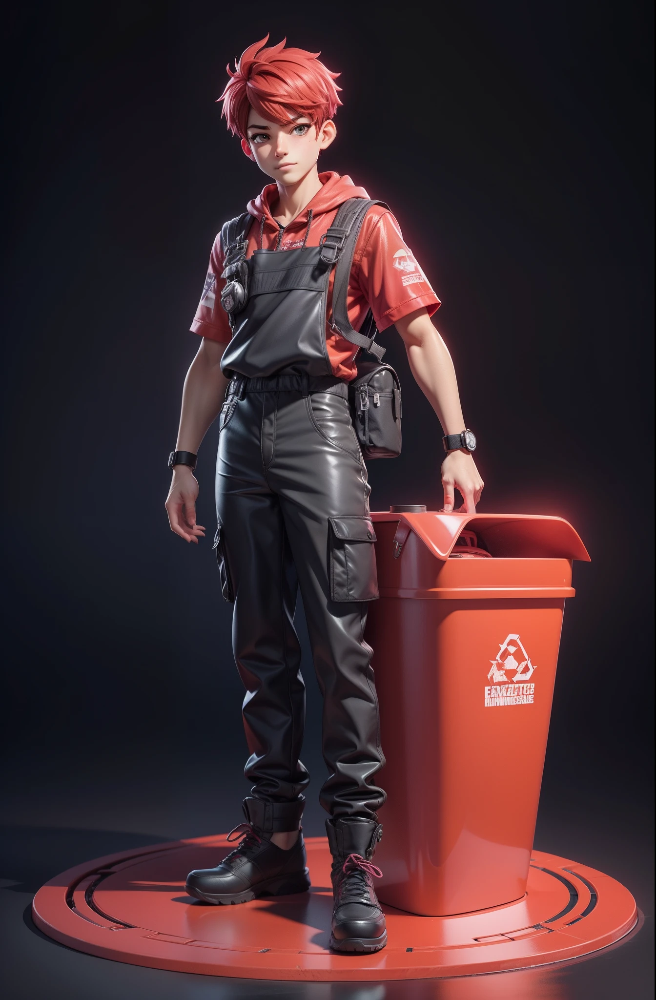 【Enhance hand detail】【Enhance the details】boy，Hazardous waste，Red hazardous trash can（Personification）（human figures）（boy）Q version of cartoon，Anime art concept art, （3D stereoscopic）（The color scheme is mainly the red of the hazardous trash can）Illustration style，Manhwa Style，Anime art concept art, Official illustration[Three-dimensional feeling][Lovely wind][Card ventilation][真实感]