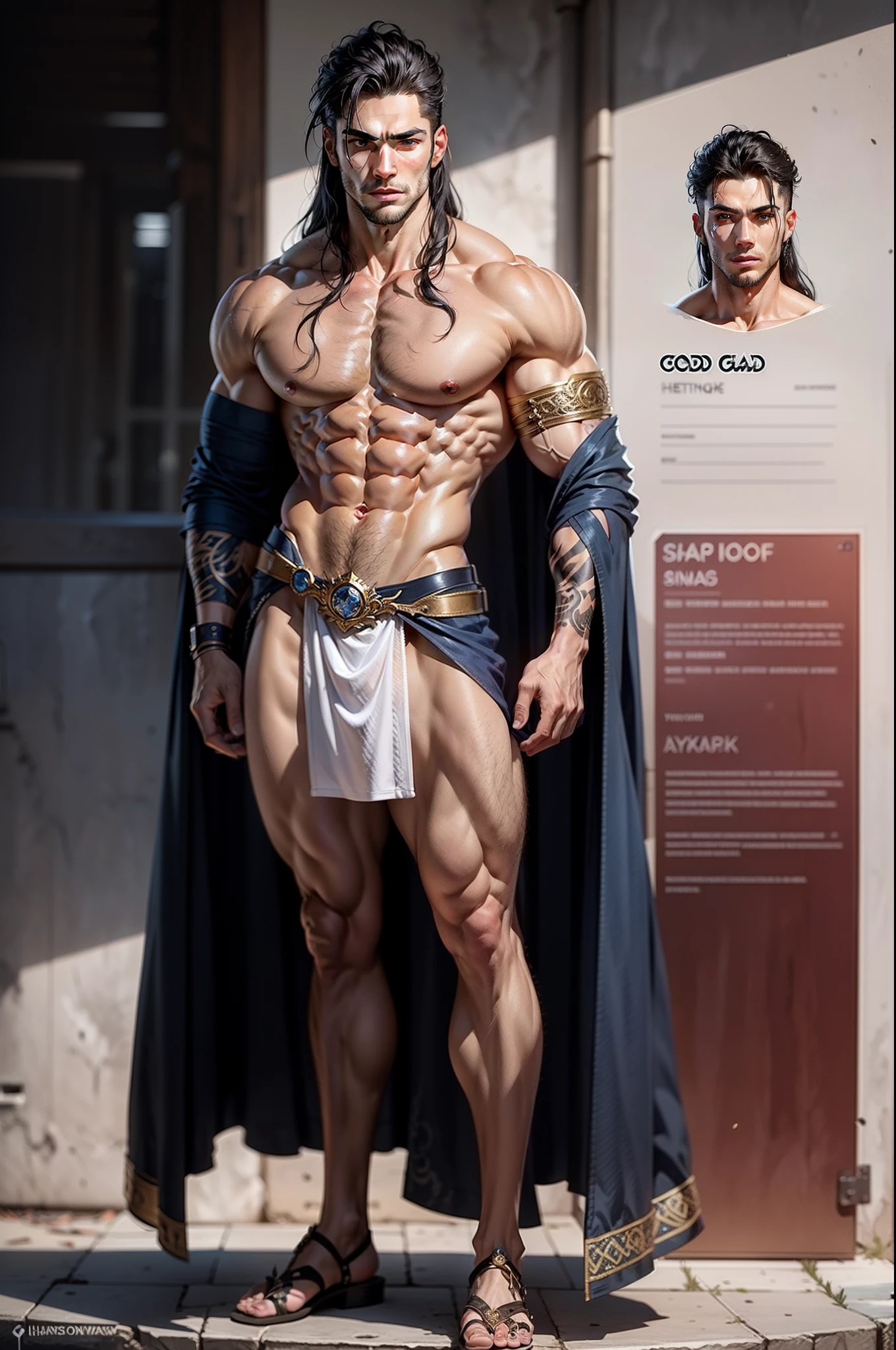 god of ice and is the first to appear tall as a god, ice fantasy outfit, abs, character design sheet, different poses, different angles, 1boy, single, reference sheet, perfect face, hansome face, 1.85 tall, shaved, muscle body, athletic body. (Blue perfect eyes), (long hair), (long bangs), (black hair), (pale skin), background simple, handsome sharp features, masculine, muscular, manly