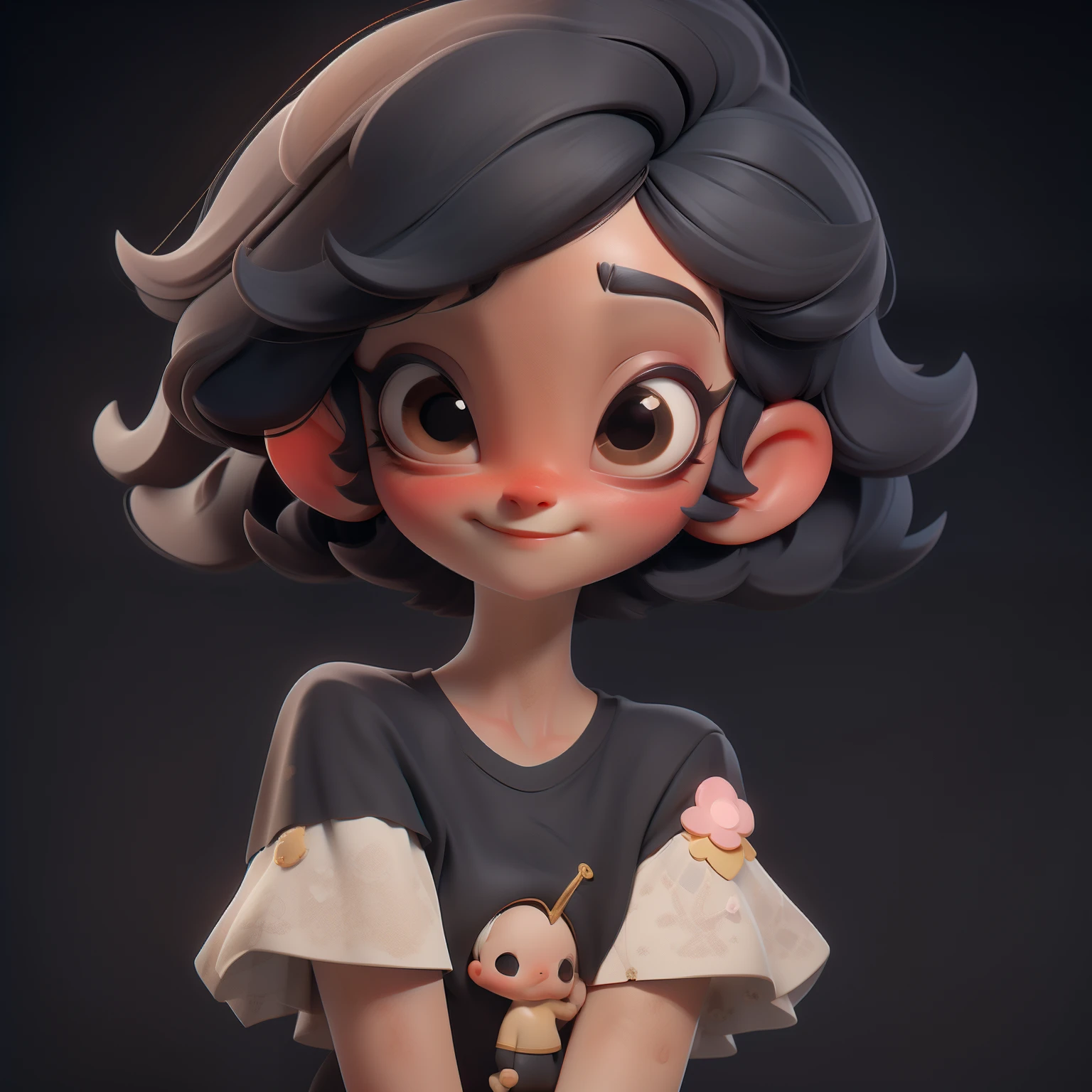 letter, 3D Face Pattern, Sweet and delicate girl, With short dyed hair,long lashes,Black T-Shirt,(Black Eyes) ,,, Black hair,Gold Accessories
