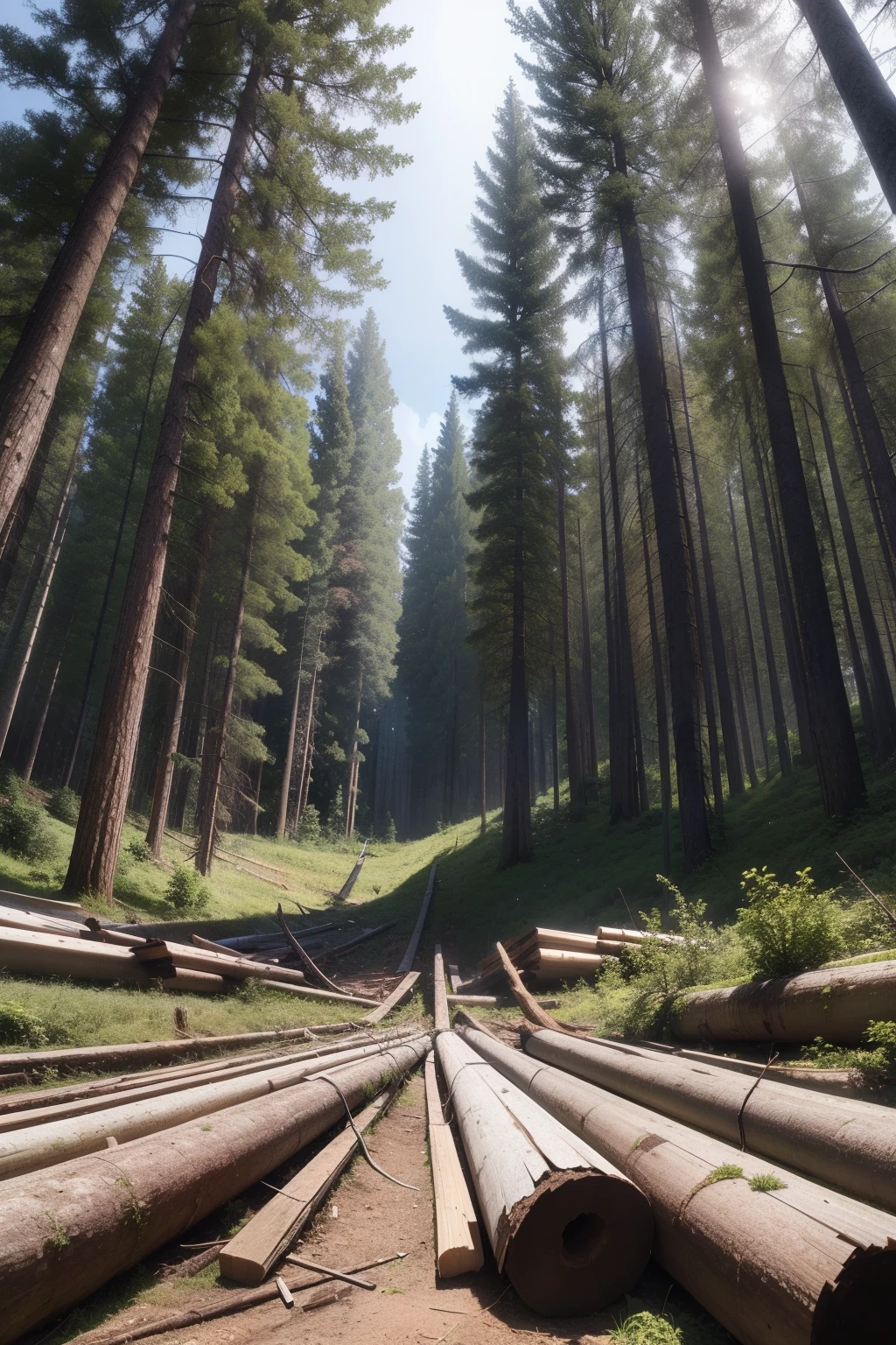 clearing in a large forest full of cut down trees, logs cut by the ground, with many trees in the background, 8k