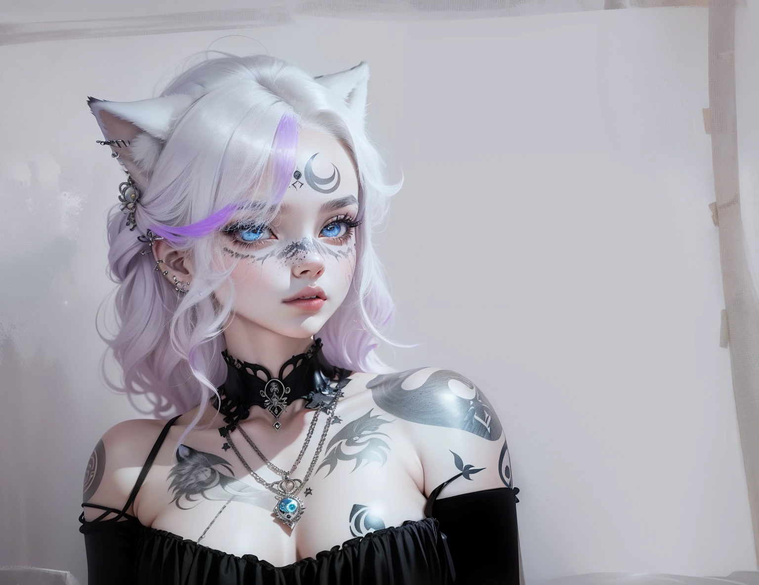 (Anthropomorphic wolf cute cub) orelhas de lobo,com um corce preta, um olho azul e outro branco , heterocromia nos olhos ,cabelo platinado curto cacheados com pontas roxas,bad girl, Moon birthmark on forehead !! 🌕🌙, Hibrido,jovem, retrato, busto, postura de frente para a camera, Cartoon, vestido como uma vesater roqueira metaleira dos anos 80 obra prima, postura de confiante, youtuber, fleshy lips , piercings no nariz e nas orelhas de lobo, tatuagens pelo corpo, tattoo de lua 🌙 acima dos seios,asas de anjo negro nas costas, e coleira , dark purple choker on neck, Hand with dragging gloves, colares , piercings , wolf fangs we lips