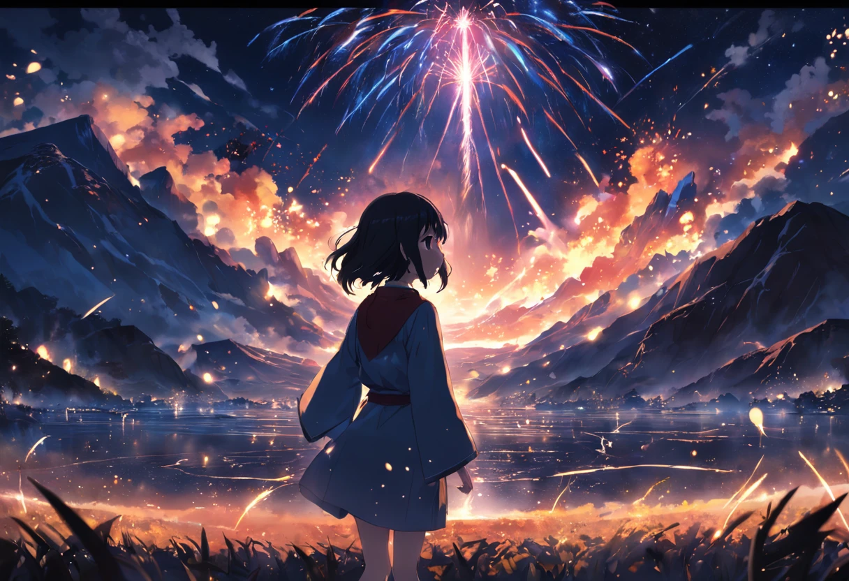 tmasterpiece, beste-Qualit, filmstill, warm soft lighting, the night, (sparks: 0,7), shooting star, motion, scenery, Japan, Landscape only, end of the world, monster