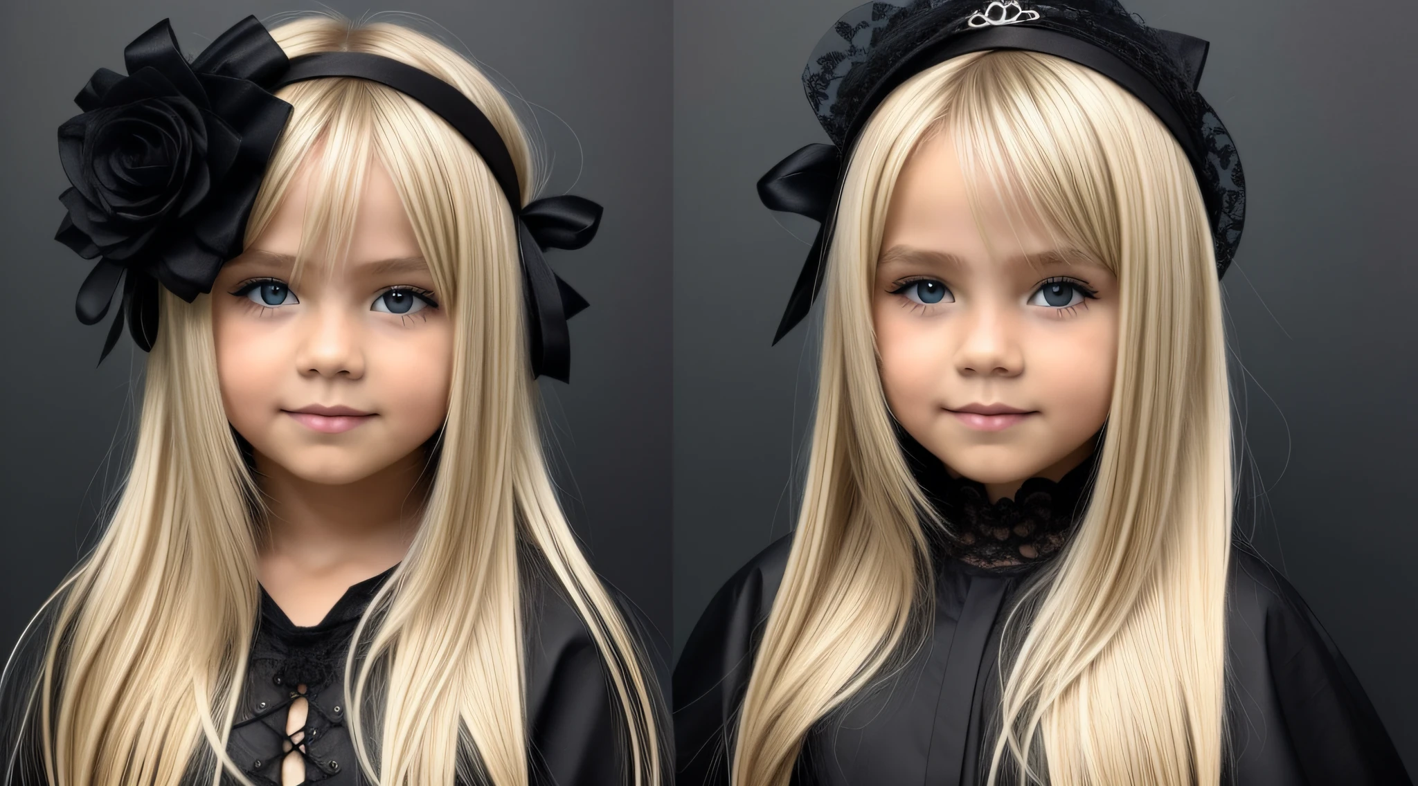 Two little girls in black dresses and hats standing next to each other ...