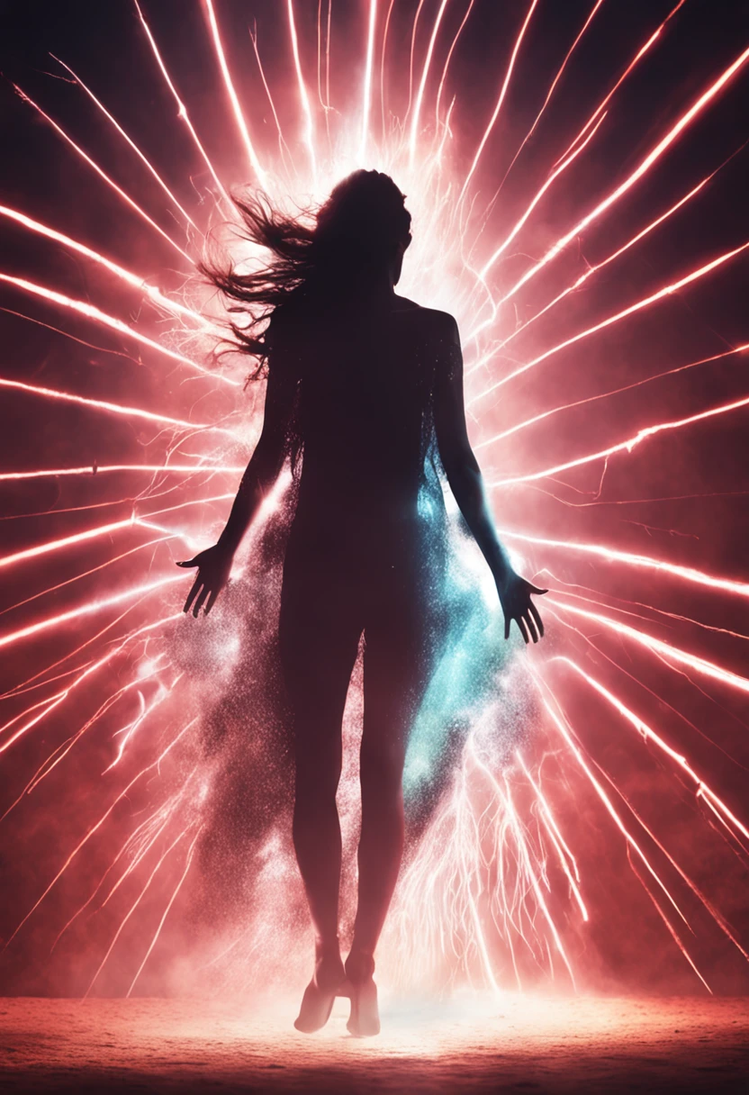 missionary position, side profile, silhouette, high contrast rainbow colors, arms to the side, long wavy hair, legs angled,starrystarscloudcolorful