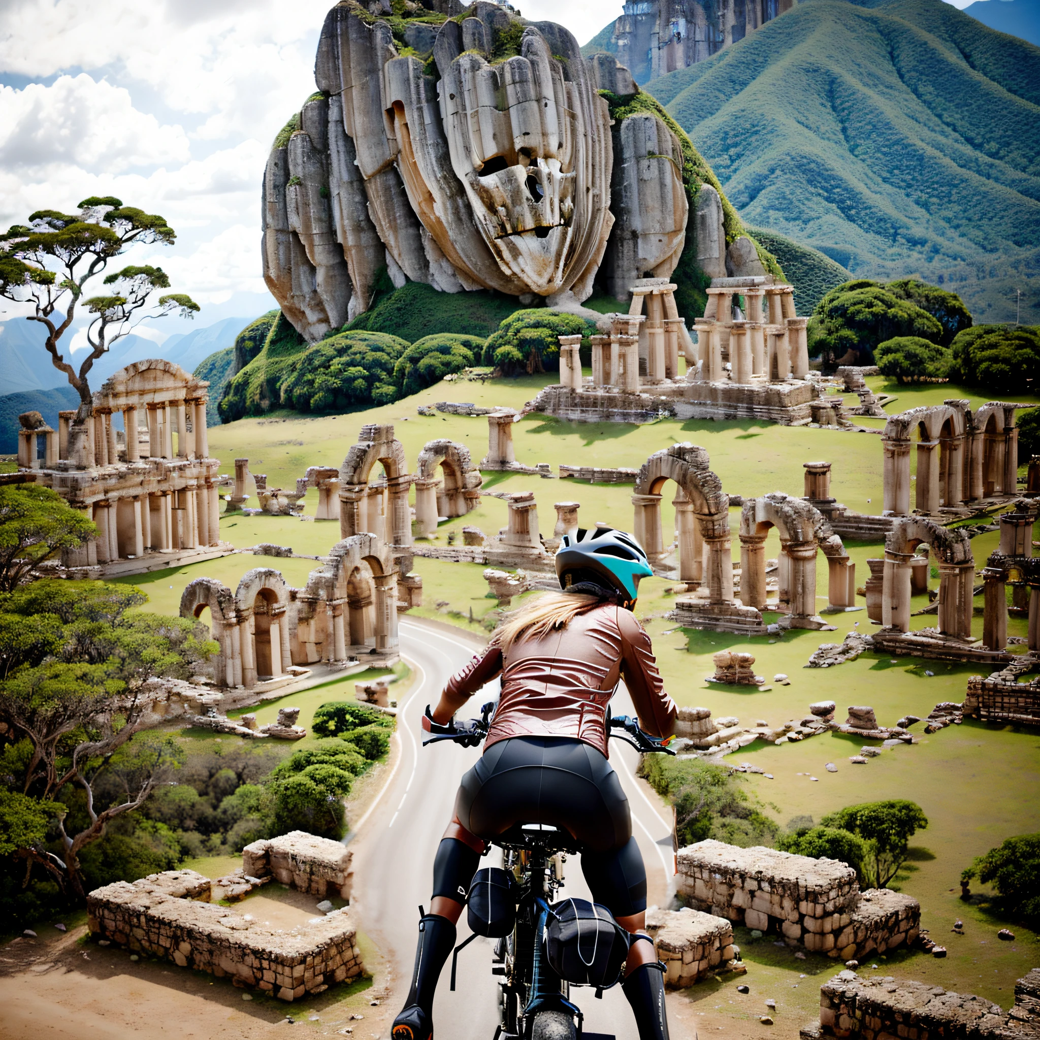 There is a cyclist pedaling a motorcycle montain brown bike, ciclista perfeita, atletic, pedalando uma bicicleta no meio da paisagem