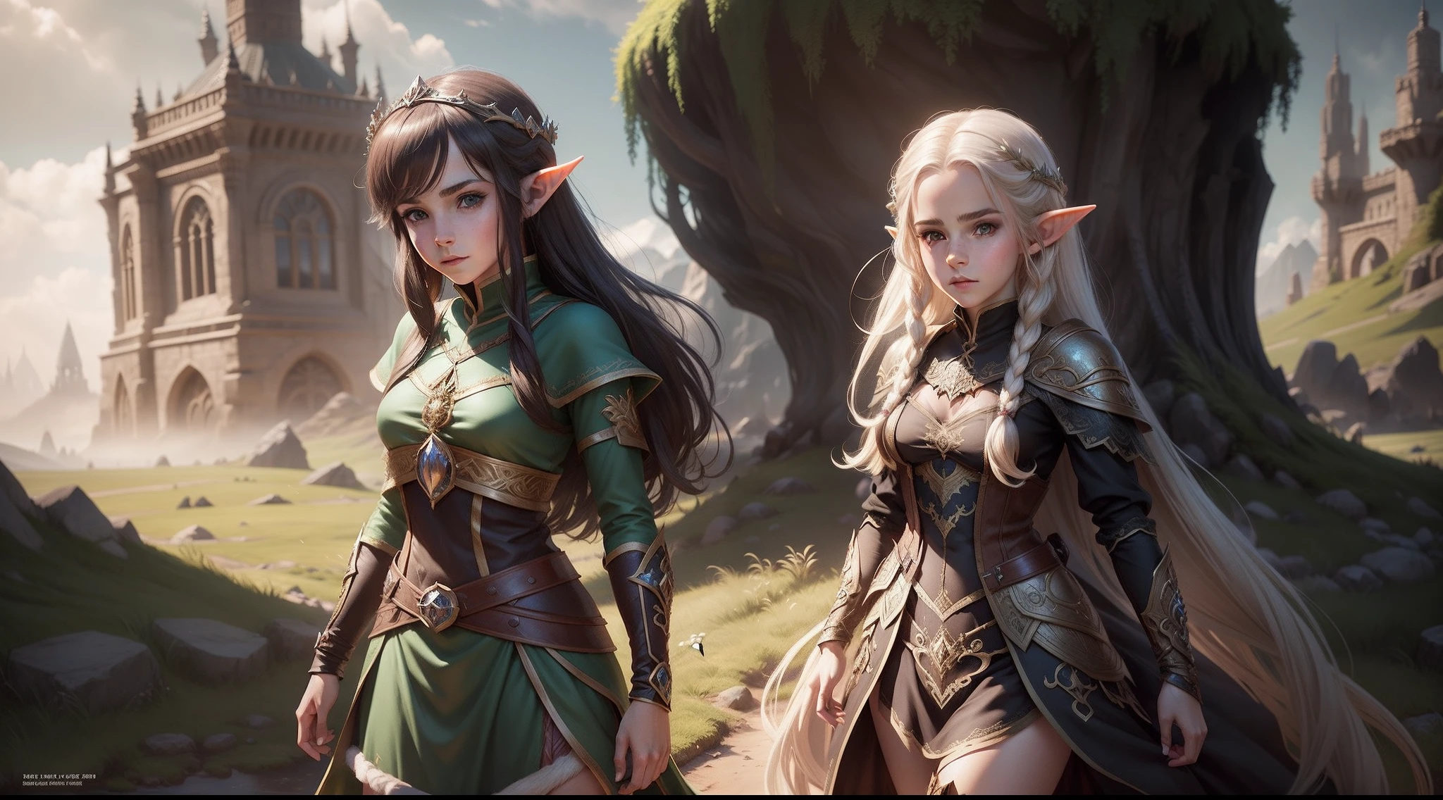 (((tmasterpiece))), Best quality, Super detailed gouache style portrait of a group of beautiful female elves, Smooth shadows, hyper realistic texture, 8K, Best quality, characteristics of reality, stylized illustration, Smooth shadows, Correct anatomy, color difference, Neon highlights, Global warm light, dynamicposes, expressive facial expressions