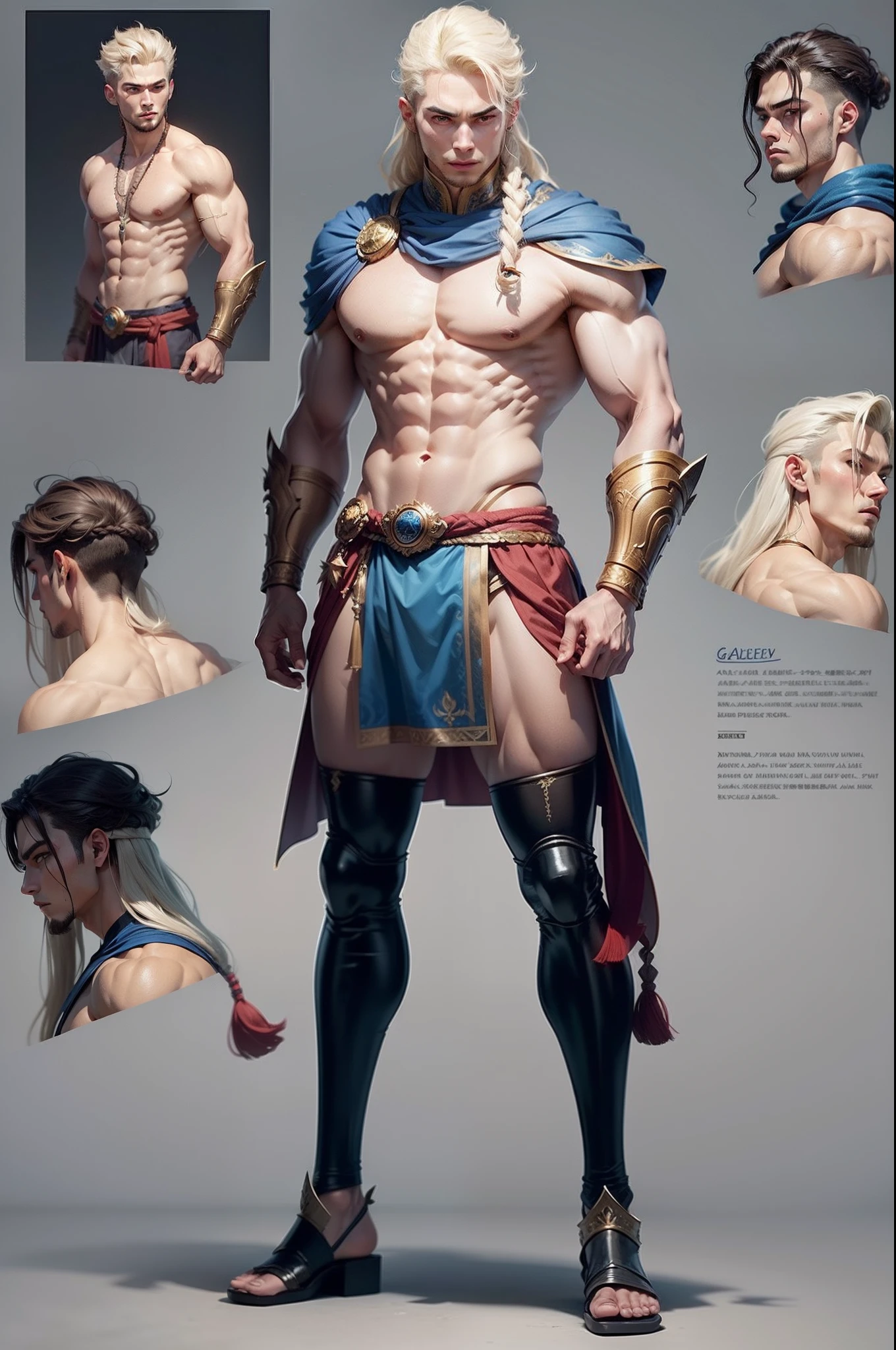 male warrior tribe, god of ice and is the first to appear tall as a god, short hair, character design sheet, different poses, different angles, 1boy, single, asian boy, reference sheet, perfect face, hansome face, 1.85 tall, shaved, gods greek outfit, muscle body, athletic body. (Blue perfect eyes), (long hair), (long bangs), (blonde hair), (pale skin), background simple