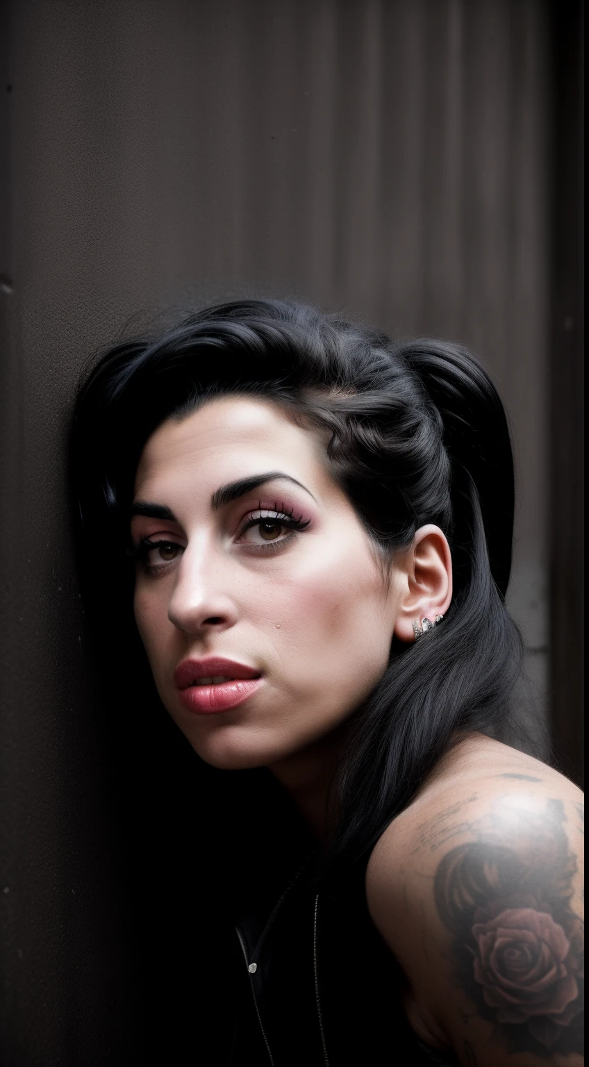 Presenting Amy Winehouse through a photography lens of 50mm. The image portrays her raw authenticity, similar to Diane Arbus' approach. Amy stands against a graffiti-covered wall, showcasing her vibrant personality against urban grit. Colors are slightly desaturated, emphasizing contrast. Her smirk reflects defiance, accentuated by dramatic chiaroscuro lighting. The atmosphere feels both candid and compelling.