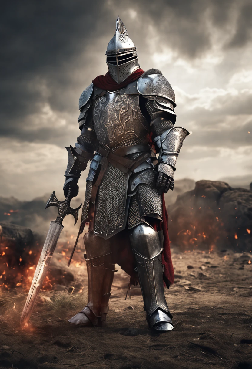 An imposing knight clad in heavy armor stands on the battlefield, wielding a massive battle axe. His armor gleams with metallic luster, showcasing its strength and defensive capabilities. The intricate details of the armor add to its impressive appearance. The background is filled with smoke, creating a tense and intense atmosphere of battle. This high-quality image captures the essence of a heavily armored knight, perfect for projects that require a sense of power and determination.