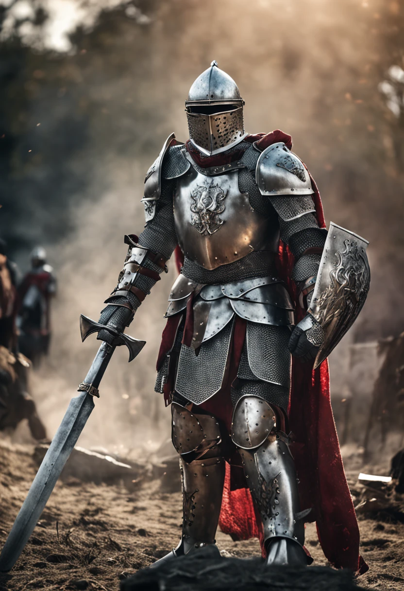 An imposing knight clad in heavy armor stands on the battlefield, wielding a massive battle axe. His armor gleams with metallic luster, showcasing its strength and defensive capabilities. The intricate details of the armor add to its impressive appearance. The background is filled with smoke, creating a tense and intense atmosphere of battle. This high-quality image captures the essence of a heavily armored knight, perfect for projects that require a sense of power and determination.