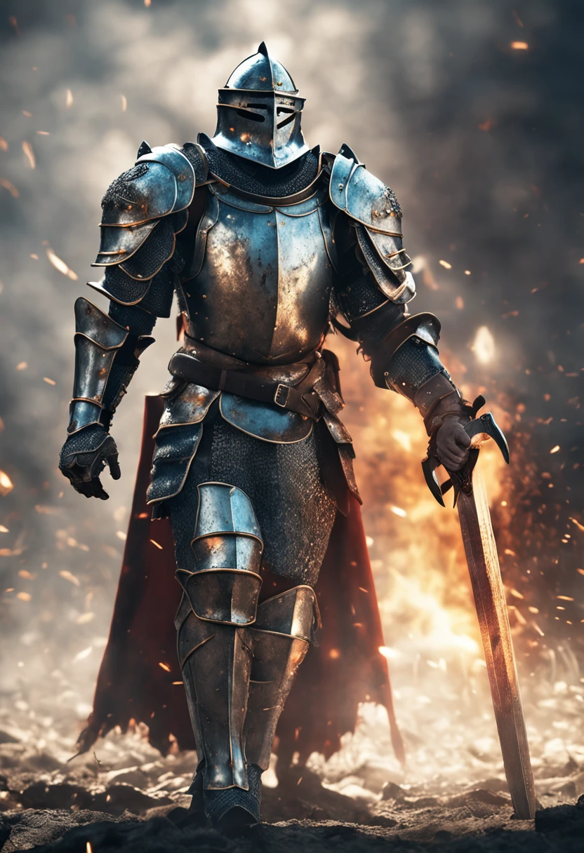 RAW photo, knight standing with sword and shield on battlefield, fire, dead body's, full armor, 8k uhd, dslr, soft lighting, high quality, film grain, Fujifilm XT3