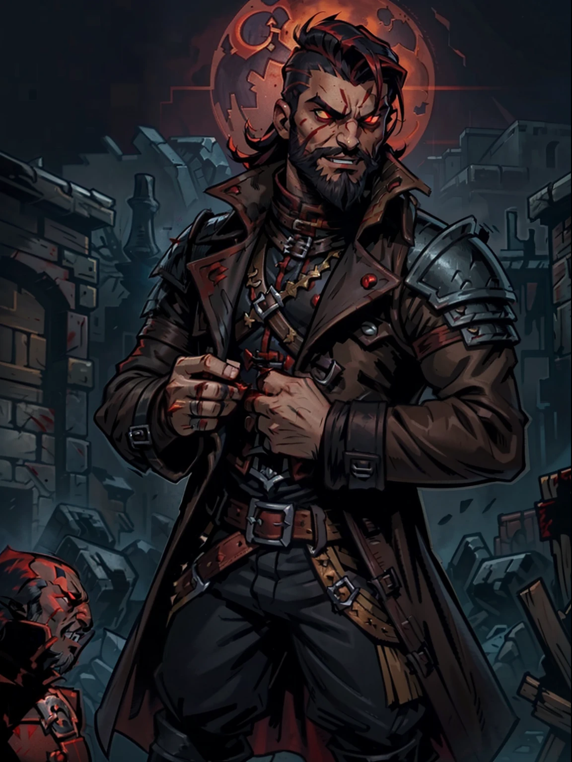 Blood moon background, Darkest Dungeon style, taking treasure. Sadurang from Marvel, hunk, buffed physics, short mane hair, ((mullet)), defined face, detailed eyes, short beard, glowing red eyes, dark hair, wily smile, badass, dangerous. Wearing ((trench coat with long sleeves)), armor vest, cargo pants