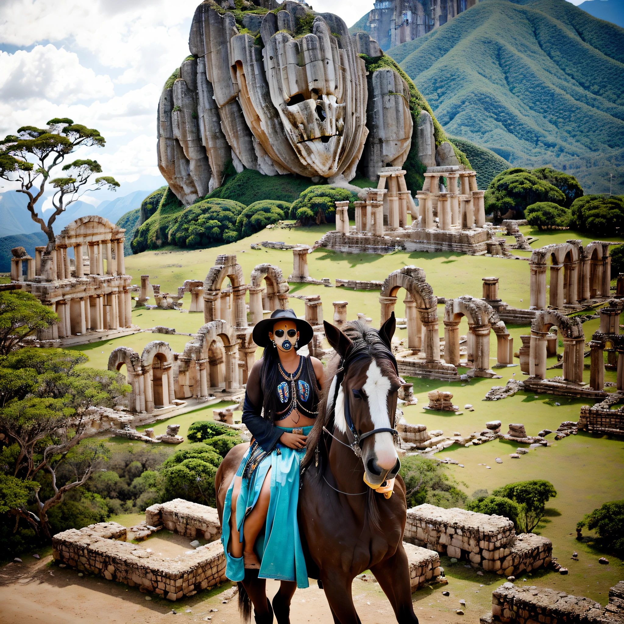 Spectacular high-quality photographic masterpiece There are two horses in front of a mountain with a skull-shaped rock in the background, com montanhas ao fundo, montanha caveira ao fundo, com montanhas no fundo, Ruins in the background, com montanhas como pano de fundo, montanhas ao fundo, Epic mountains in the background, Ancient ruins in the background, Selvas ao fundo, templo no fundo