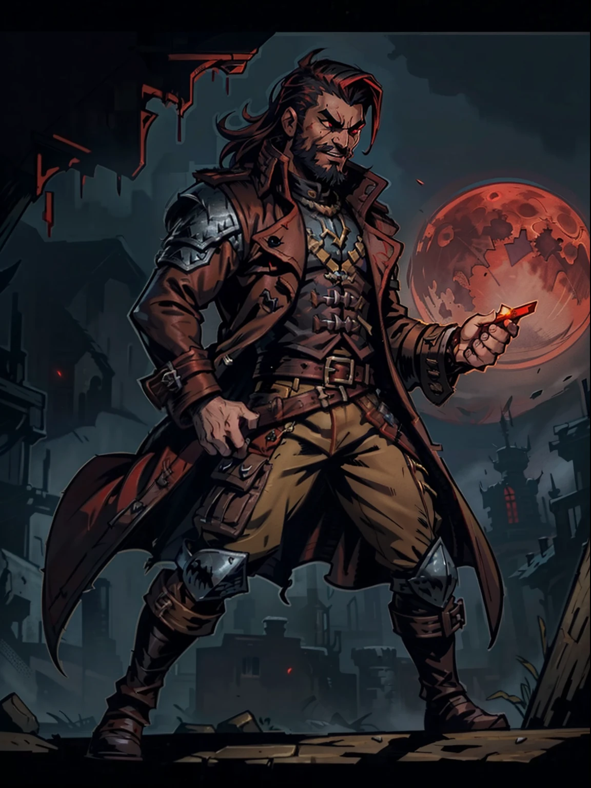 Blood moon background, Darkest Dungeon style, taking treasure. Sadurang from Marvel, hunk, buffed physics, short mane hair, ((mullet)), defined face, detailed eyes, short beard, glowing red eyes, dark hair, wily smile, badass, dangerous. Wearing ((trench coat with long sleeves)), armor vest, cargo pants