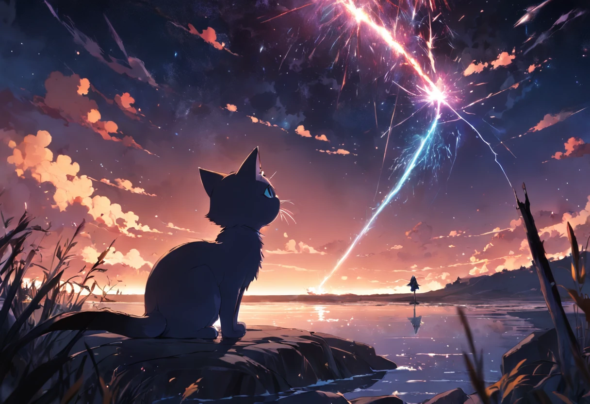 tmasterpiece, beste-Qualit, filmstill, warm soft lighting, the night, (sparks: 0,7), shooting star, motion, scenery, cat, Landscape only, end of the world, monster