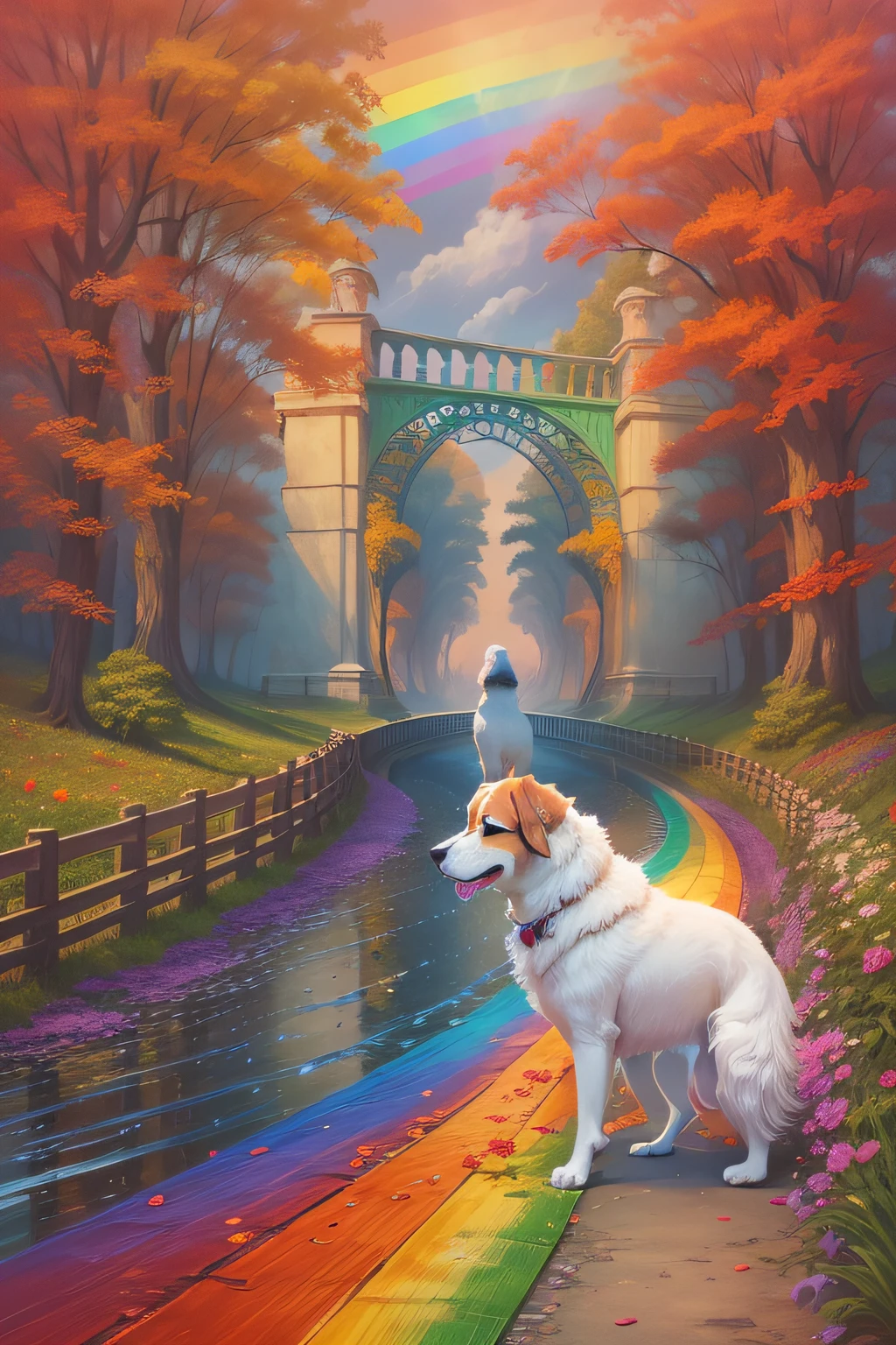 a bridge made from a rainbow spanning the sky, a dog with angel wings strolls along the vibrant rainbow, exuding beauty and melancholy