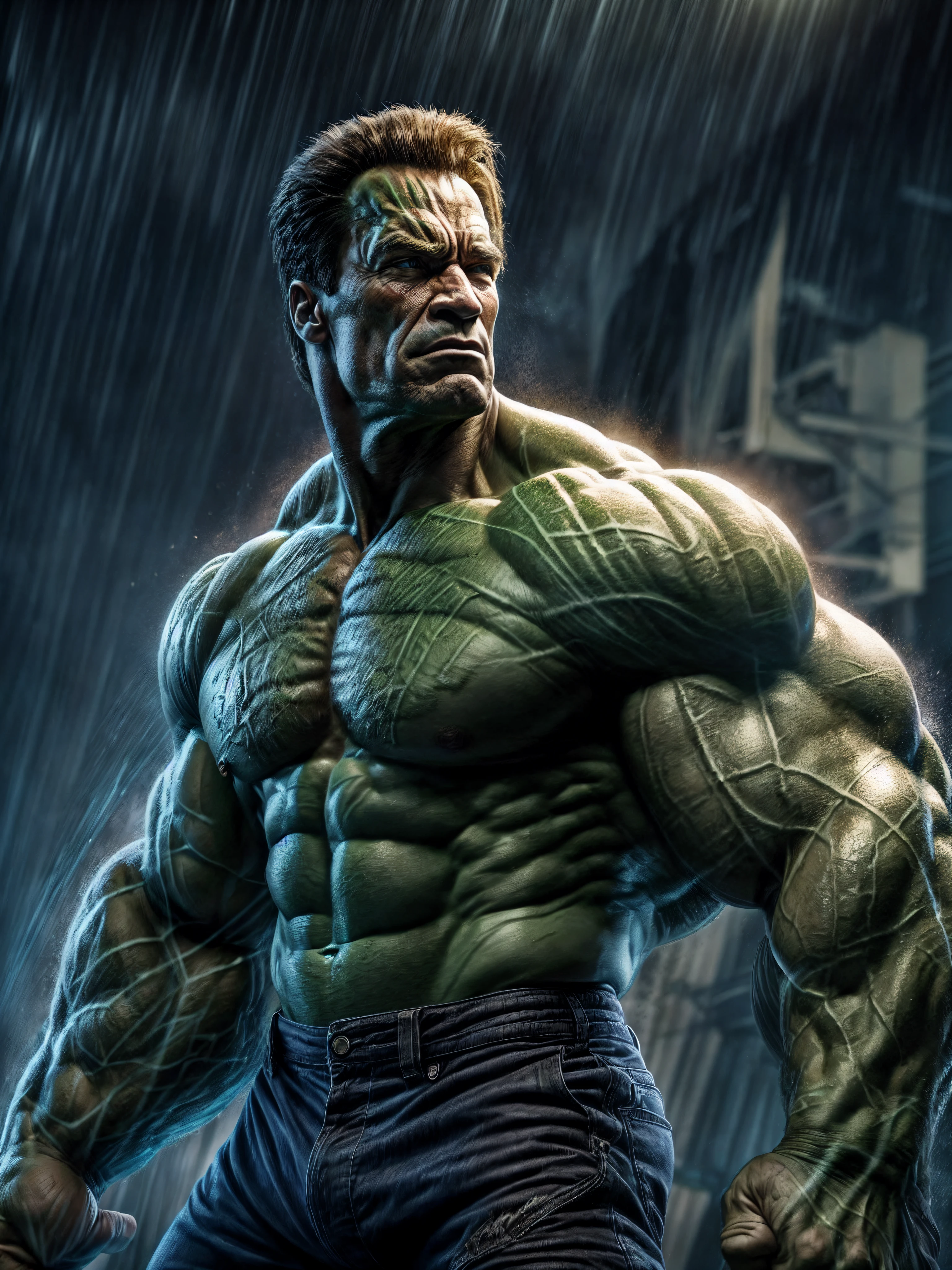 An intricate image of Arnold Schwarzenegger as the hulk, massive muscle, green, purple shorts, micro-details, photorealism, one light, dark photo, deep shadows, shallow depth of field, photorealistic, Surrealism, high quality, masterpiece, 8k, 8k, super detail, full body portrait, extremely muscular, scratched, dented, battle scars, flying with his boosters