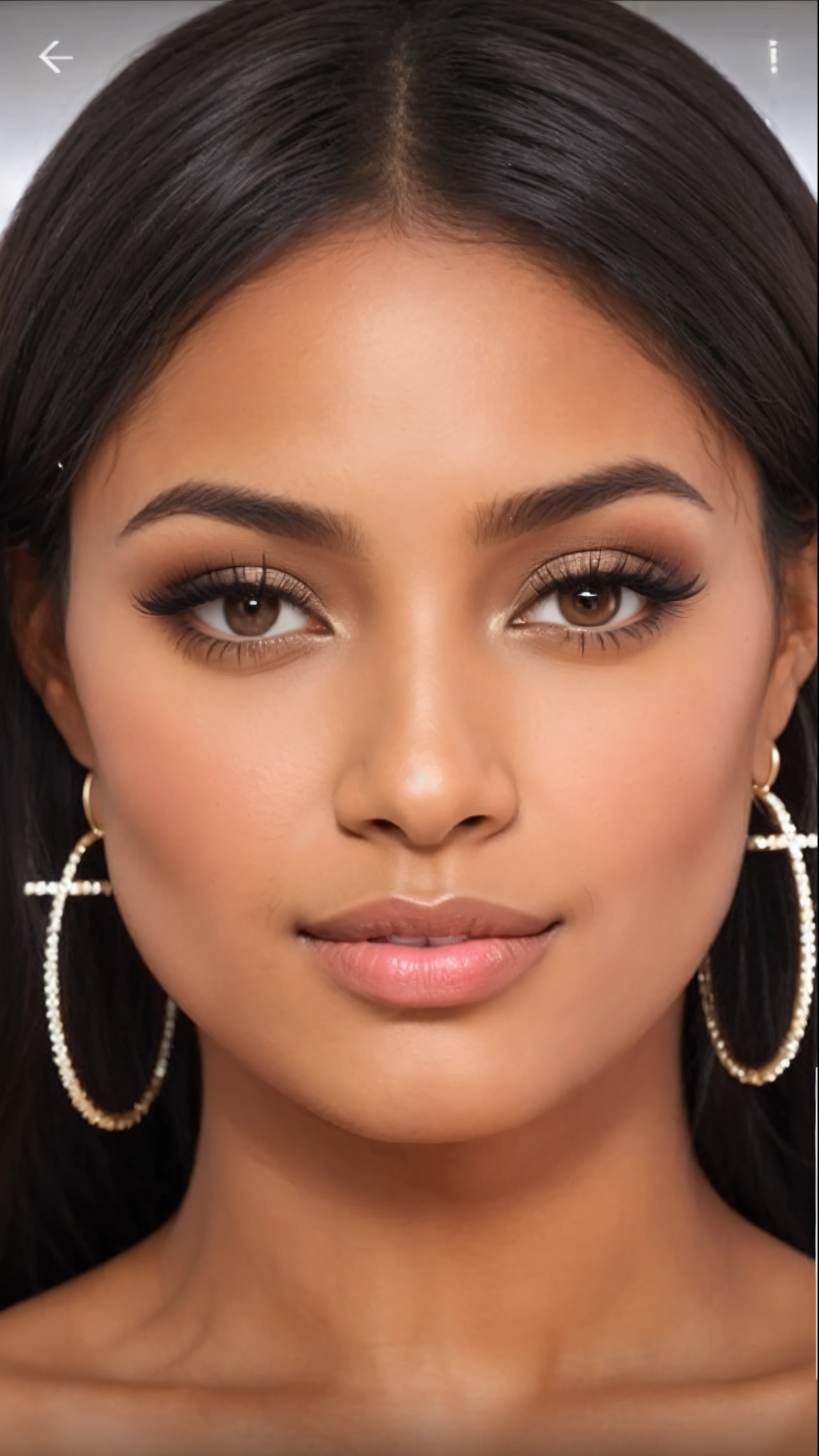 a woman with a black hair and a pair of hoop earrings, brown skin. light makeup, sexy face with full makeup, with brown skin, jaw-dropping beauty, jaw dropping beauty, beautiful and symmetrical face, with professional makeup, flawless olive skin, beautiful full face, light-brown skin, sultry look, flawless face, gorgeous symmetrical face