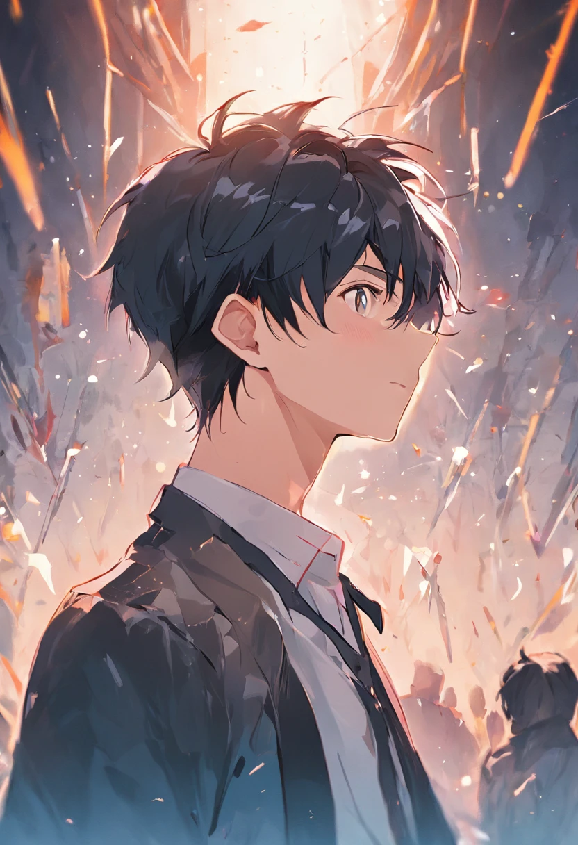 1 male,Face Focus,Young men,Short black hair,Look at your phone and smile,School uniform,white shirt,tiese,trouser,Heavenly sky background,beautidful eyes,best qualtiy,facial detailing,a park,Strong wood leak day,Background of details,Background bokeh,(tmasterpiece,best qualtiy),