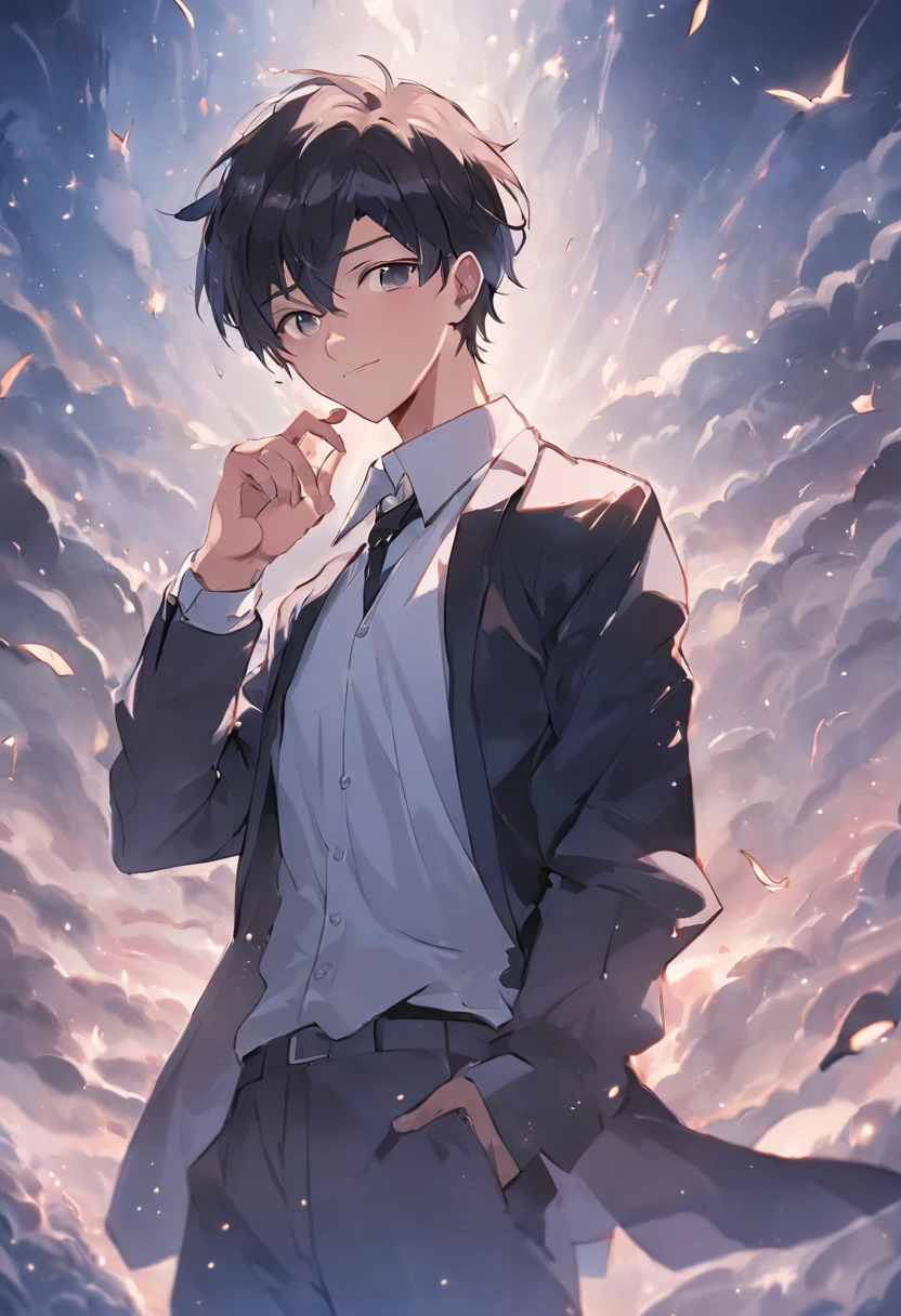 1 male,Face Focus,Young men,Short black hair,Look at your phone and smile,School uniform,white shirt,tiese,trouser,Heavenly sky background,beautidful eyes,best qualtiy,facial detailing,a park,Strong wood leak day,Background of details,Background bokeh,(tmasterpiece,best qualtiy),