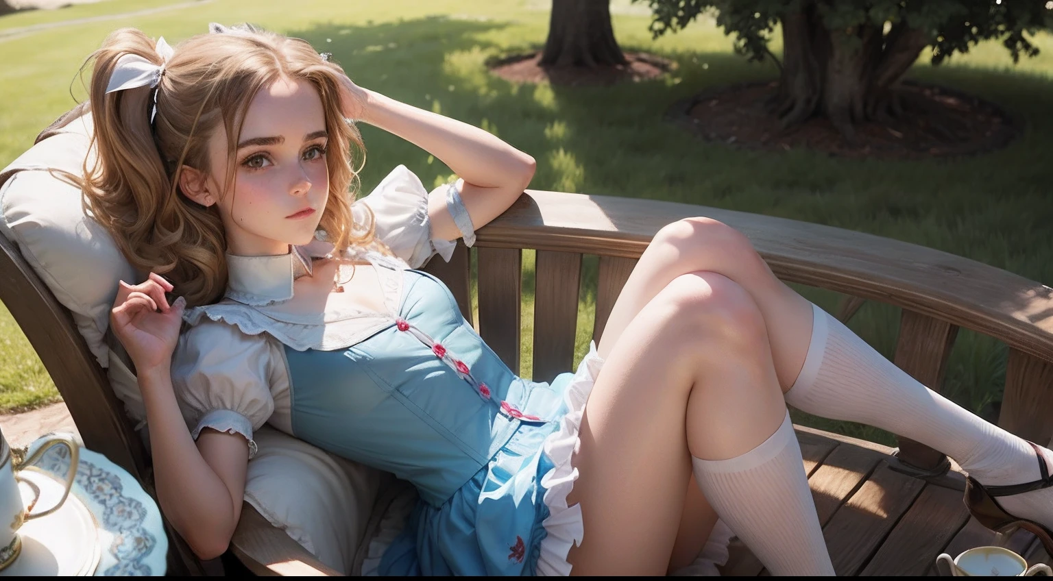 teen Emma Watson dressed as Alice in wonderland, daytime, tea party