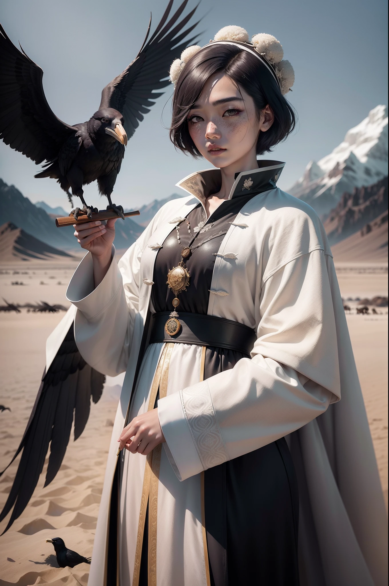 Short-haired woman blowing conch in white embroidered coat,cabelos preto e longos,and freckles on his face,Stand on the vast wilderness,Circling ravens,liberta,Photographer Zhang Jiacheng's photographic style,Stage play effect,Bright and witty vintage tones,4k画质,Oriental aesthetics,ultra-realistic realism