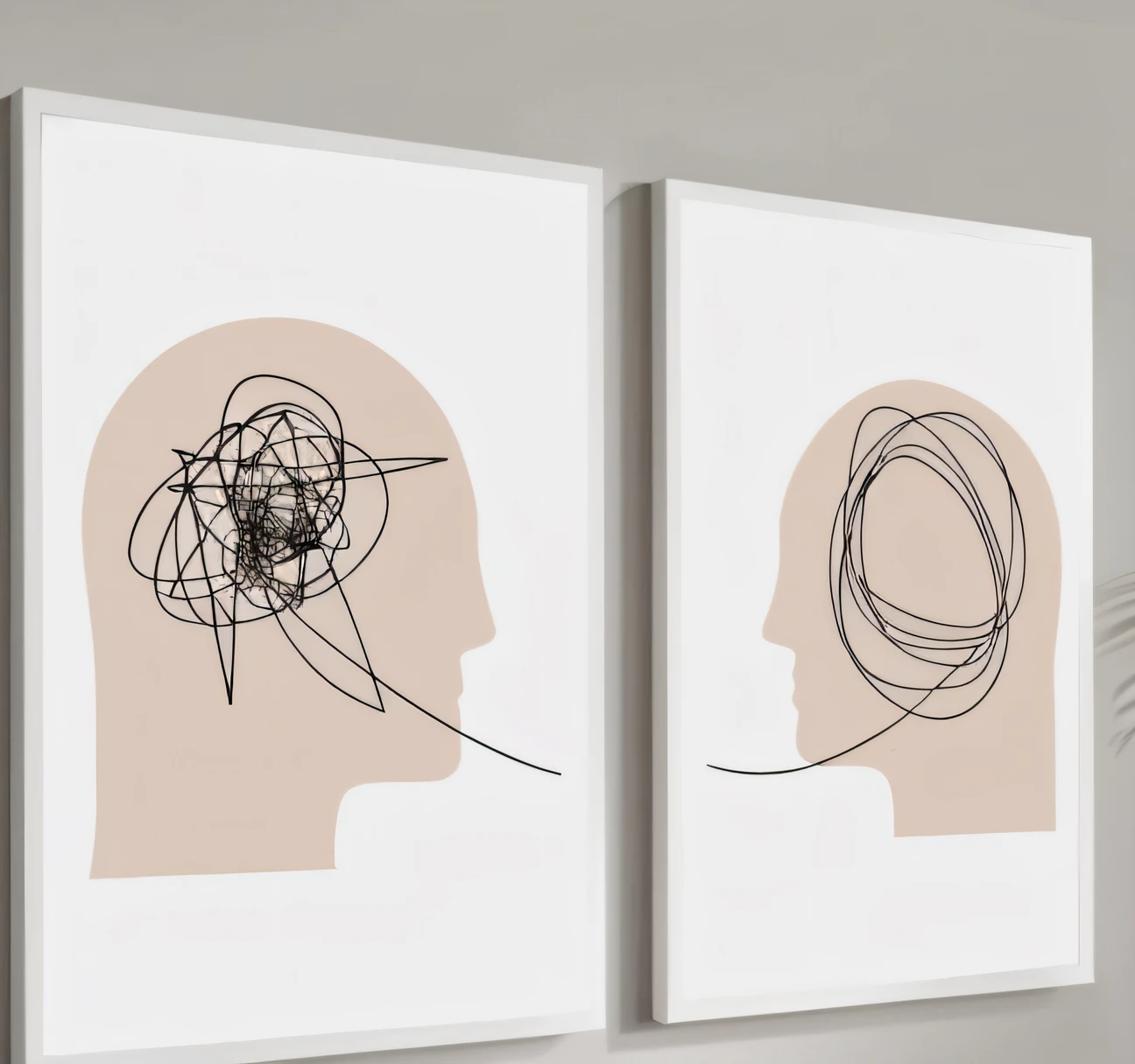 two framed pieces of art of a man's head with a line drawing on it, one-line art printing, arte de linha minimalista, arte de uma linha, Arte de linha minimalista abstrata, arte abstrata minimalista, Desenho de uma linha, estilo de arte minimalista, estilo de arte minimalista, arte de parede, desenho de linha minimalista, arte do rabisco, pintura minimalista, Arte delineada, Arte minimalista, linhas que representam o pensamento se organizando de um quadro para o outro.