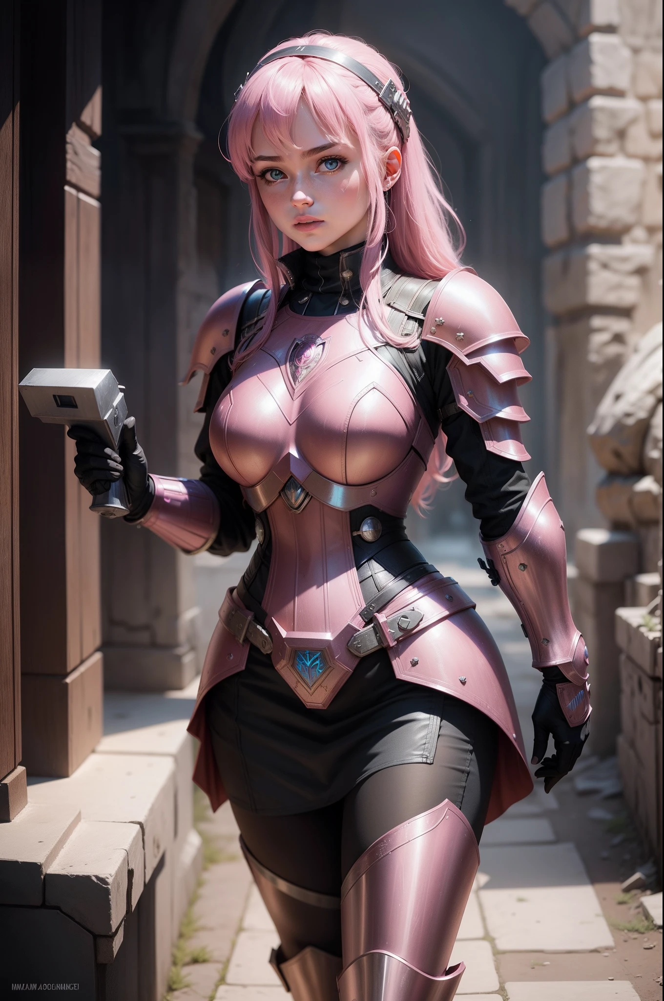 a young lady with medieval pink sci-fi armor with mjolnir, highly detailed, high resolution, cinematic