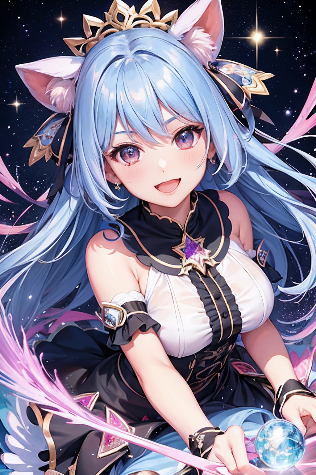 Hands on the hips、scold、Me!、Nyan Nyan Pose、(masterpiece、top-quality、top-quality、art by、Beautifully Aesthetic:1.2)、(1girl in:1.3)、(Fractal Art:1.3)、Chest out, absurderes, superfine illustration,rainboweffect, Green Apatite Hair, The gesture of pulling up the hair, hight resolution, ultra-detailliert,Light diffusion,highly detailed light reflection, Kaleidoscope, Harmonious, Best Shadow, highly detailed very beautiful big smile face, ;D, beautiful growing crystal diamond star pupil,look at viewr, beautiful detailed hair, Dynamic Pose, beautiful detailed pink and black ribon, beautiful detailed High school uniform, Fantastic and sparkling throughout、Shooting stars and windy background detail background