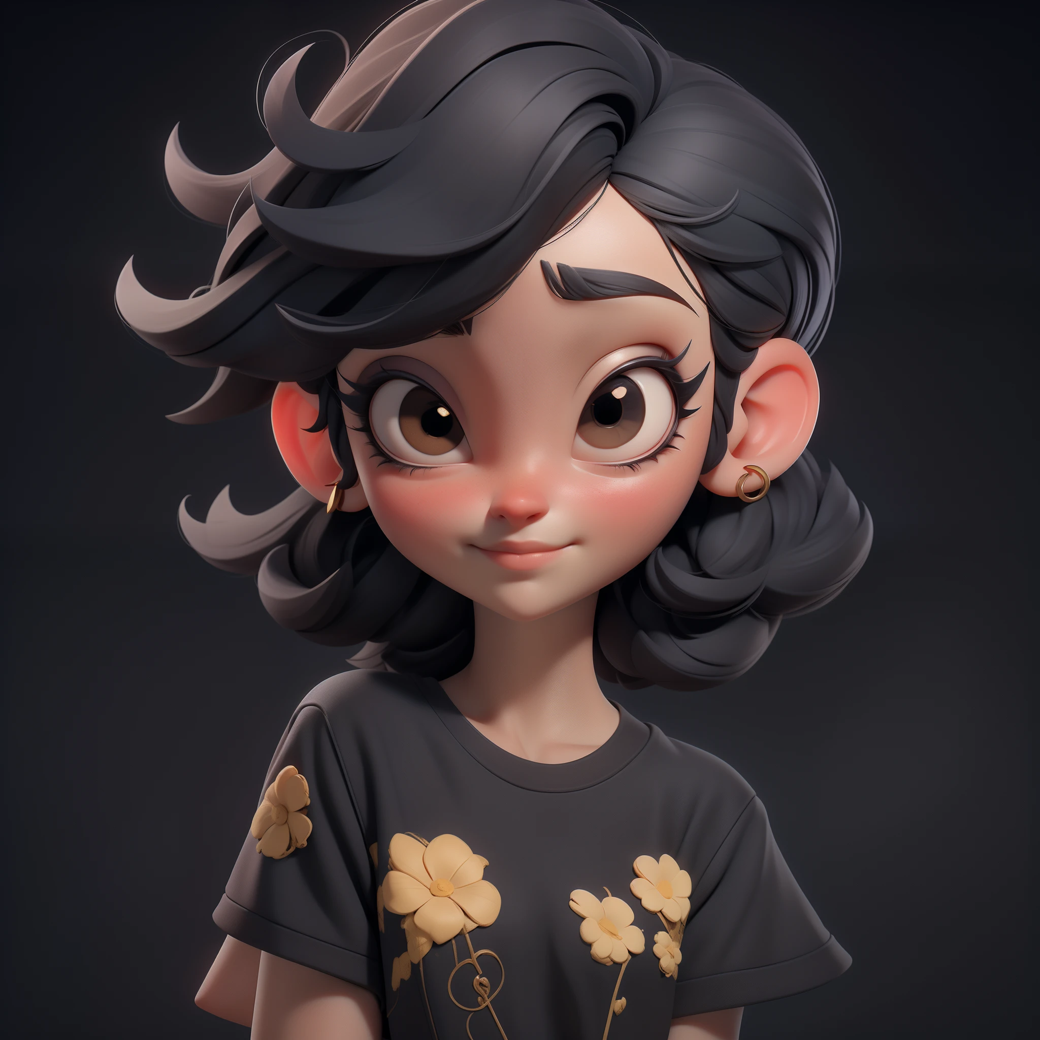 letter, 3D Face Pattern, Sweet and delicate girl, With short dyed hair,long lashes,Black T-Shirt,(Black Eyes) ,,, Black hair,Gold Accessories,black makeup