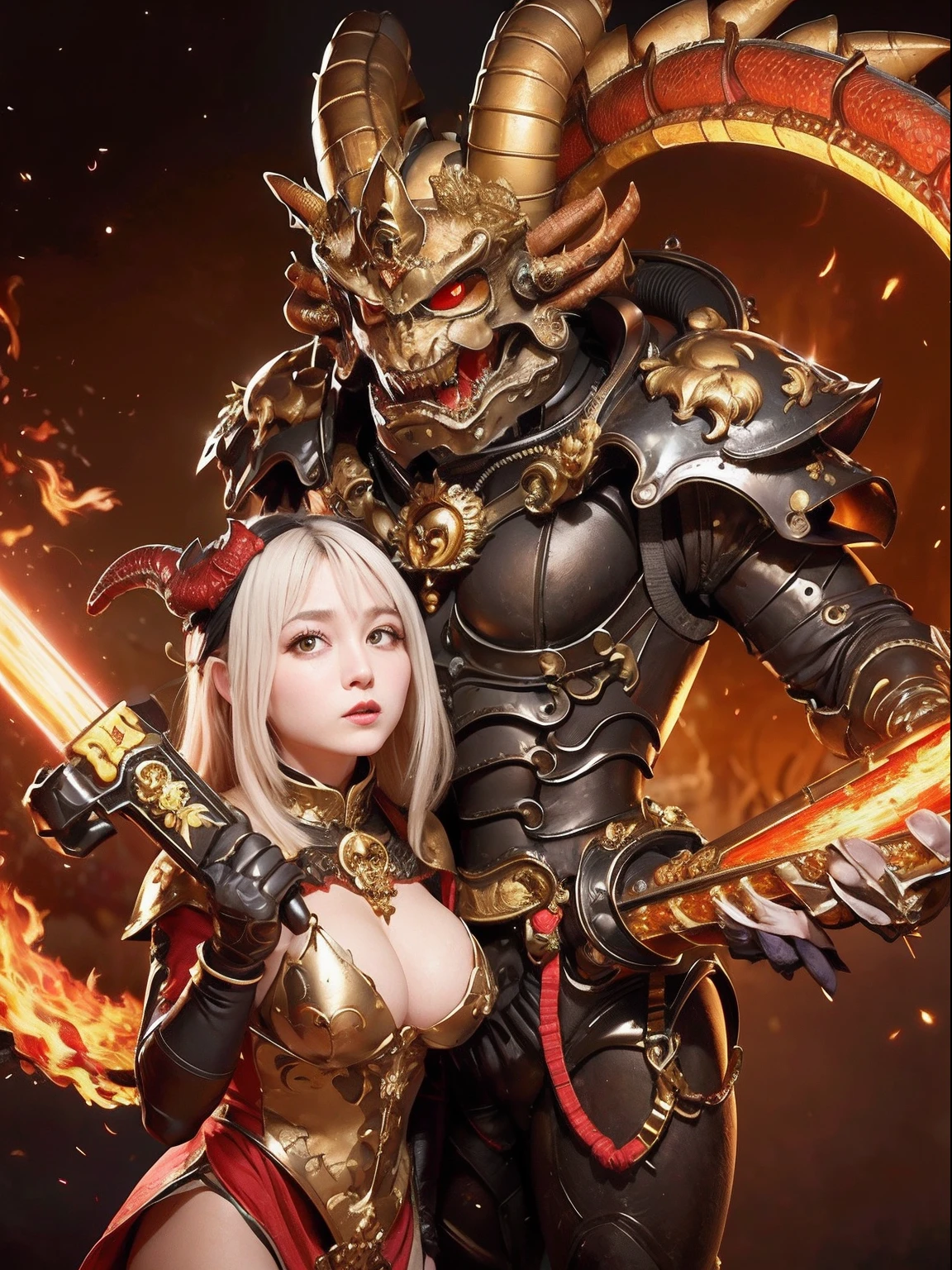 Professional , ​masterpiece、top-quality、photos realistic , depth of fields （Gemstone Black Metal Body:1.９),(Enamel Black、（cleavage of the breast）、（Chinese Dragon）、Mystical expression、Dragon Gold Weapon（Dragon Metal Body:1.４),Gorgeous gold weapons ,（（ Dragon's dense and gorgeous sword）） ,  、blood splashing、  ,warhammer 40k , adepta sororitas,Detail and gorgeous crown、（（Brown hair））、（The dragon）、（Castle background）、The dragon、（（Gangle's forest background））、Beautiful Caucasian beauty、（１a person）、dynamic ungle,(((Detailed and ornate dragon helmet)))、Smaller head、A smile、Castle background、Thin and beautiful female hands、cleavage of the breast、Mystical expression、Light Effects、Wind-effect、magic circles、With the legendary magic wand、（demonic wings）、Toostock、