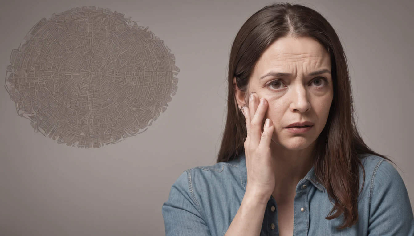 "Por gentileza, Create an image that conveys the following situation in a creative and engaging way: A 35-year-old woman is portrayed in a worried way, reflecting your anxiety about COVID-19-related memory loss. The scene must be represented in a metaphorical and funny way to generate empathy, action and keep the viewer's attention. Por exemplo, You can imagine the woman as an explorer in a maze in your mind, where the walls of the labyrinth display fragments of confused memories. She's trying to find a way out of the maze and regain her memories. Use elementos visuais que evocam empatia, such as expressive facial expressions and a color palette that conveys a sense of concern and hope. Marketing techniques must be subtly incorporated, talvez por incluir um "Clique Aqui para Descobrir Mais" dentro do labirinto, encourage the viewer to engage with the content. The goal is to create a captivating image that emotionally touches the audience, incentivando-o a agir e explorar mais a fundo."